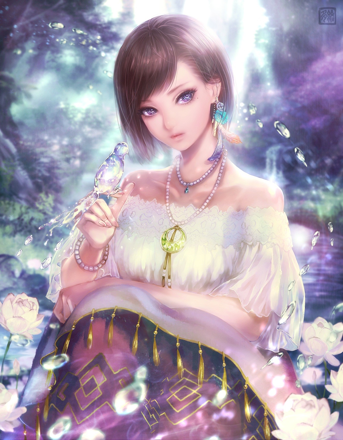 Anime girl with purple eyes and short hair holding a bird HD Wallpaper
