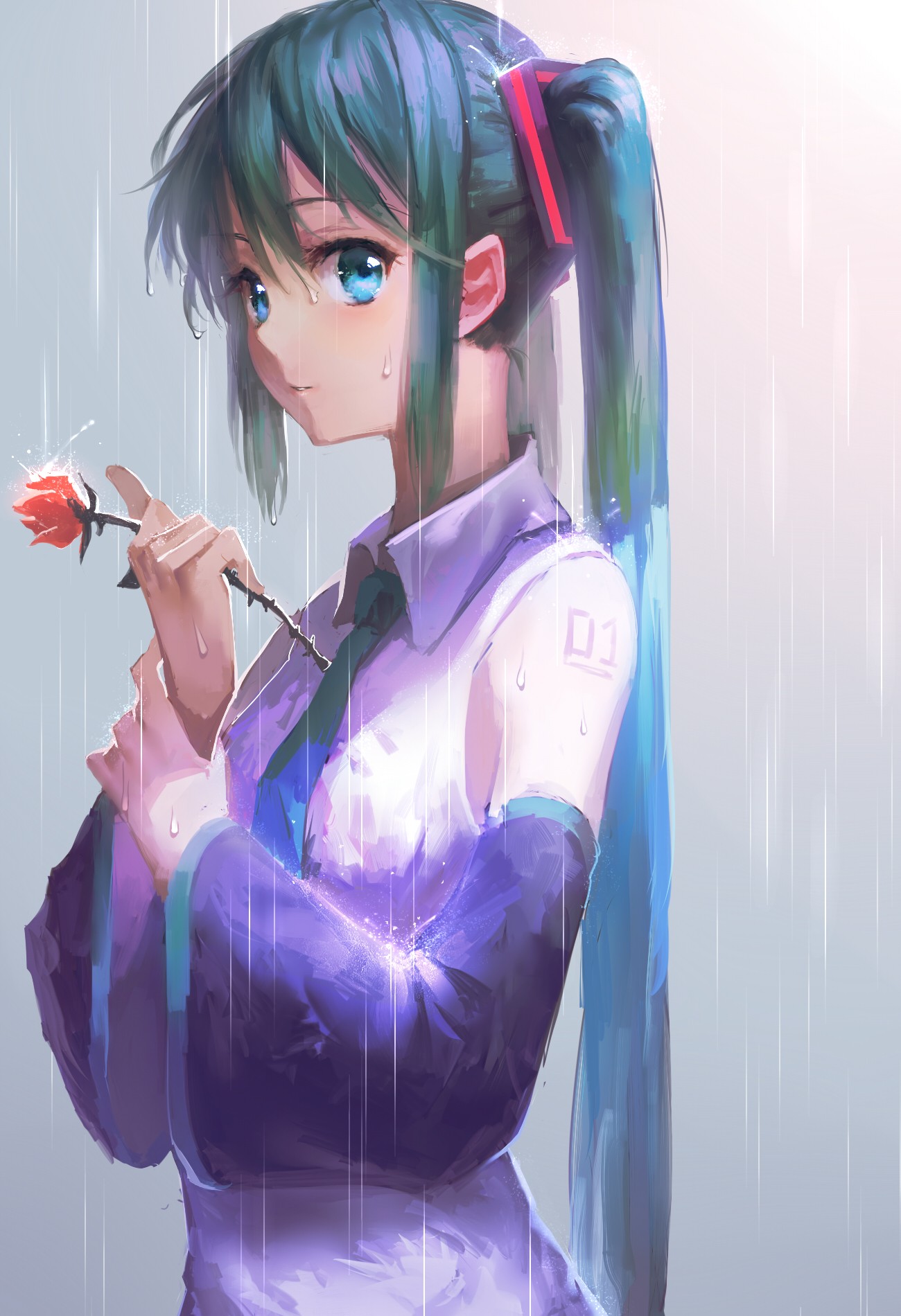 Hatsune Miku holding a red rose in the rain HD Wallpaper
