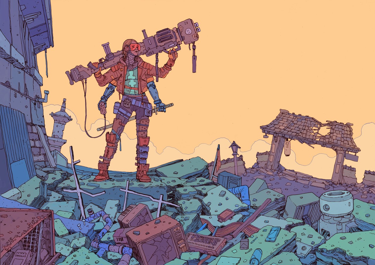 Sci-fi artwork of a four-armed character with a large weapon HD Wallpaper
