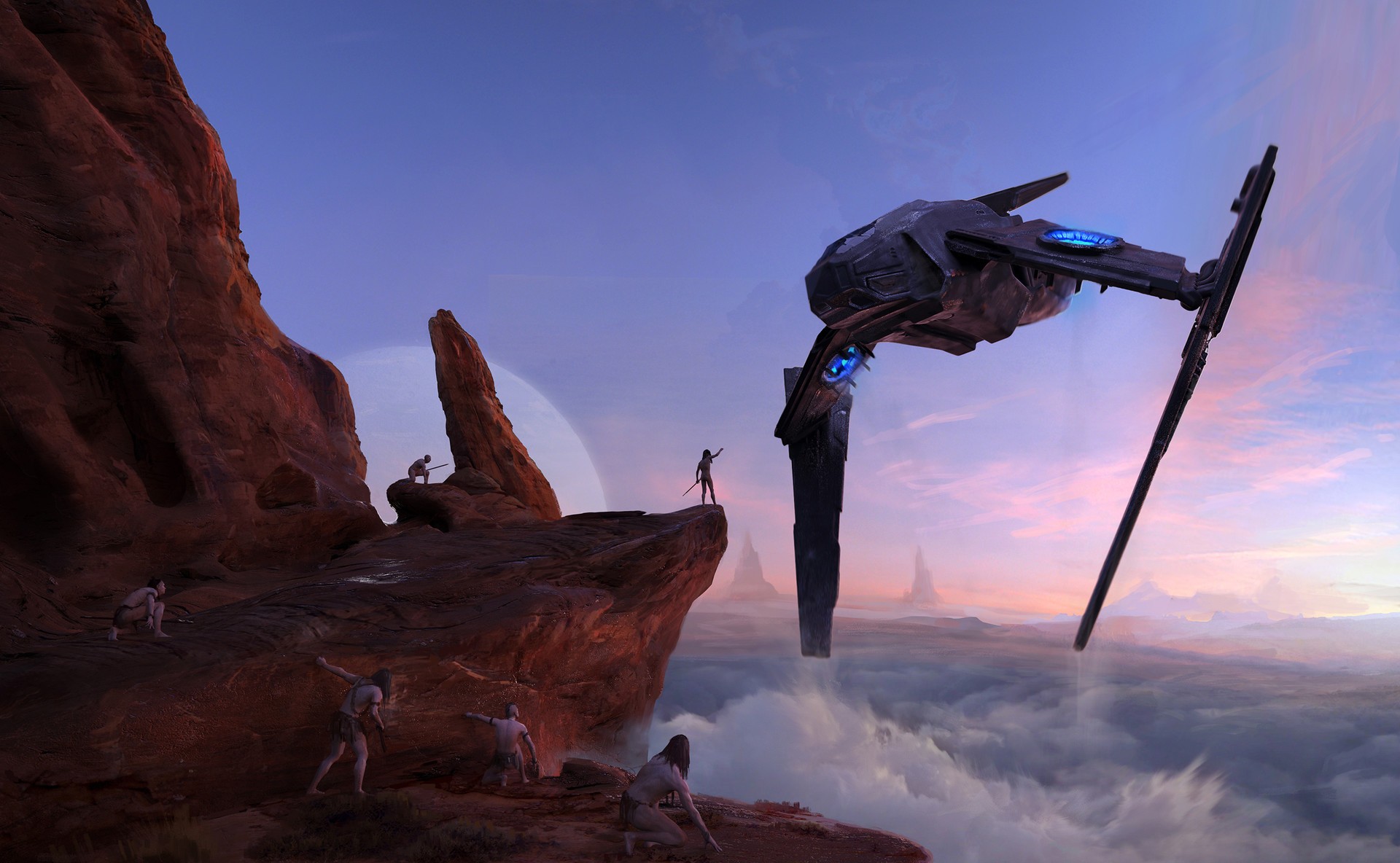 Alien landscape with primitive humans and a futuristic spacecraft HD Wallpaper