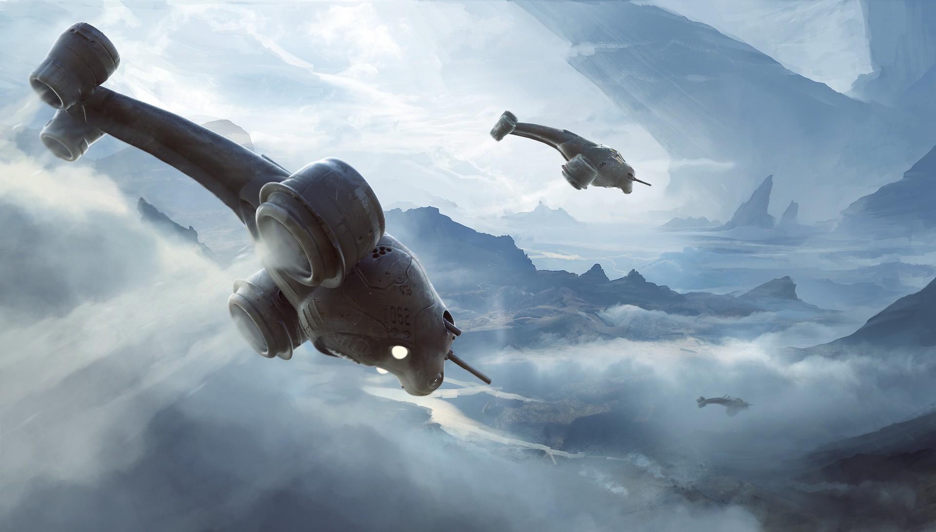 Science fiction artwork of spaceships flying over mountains HD Wallpaper
