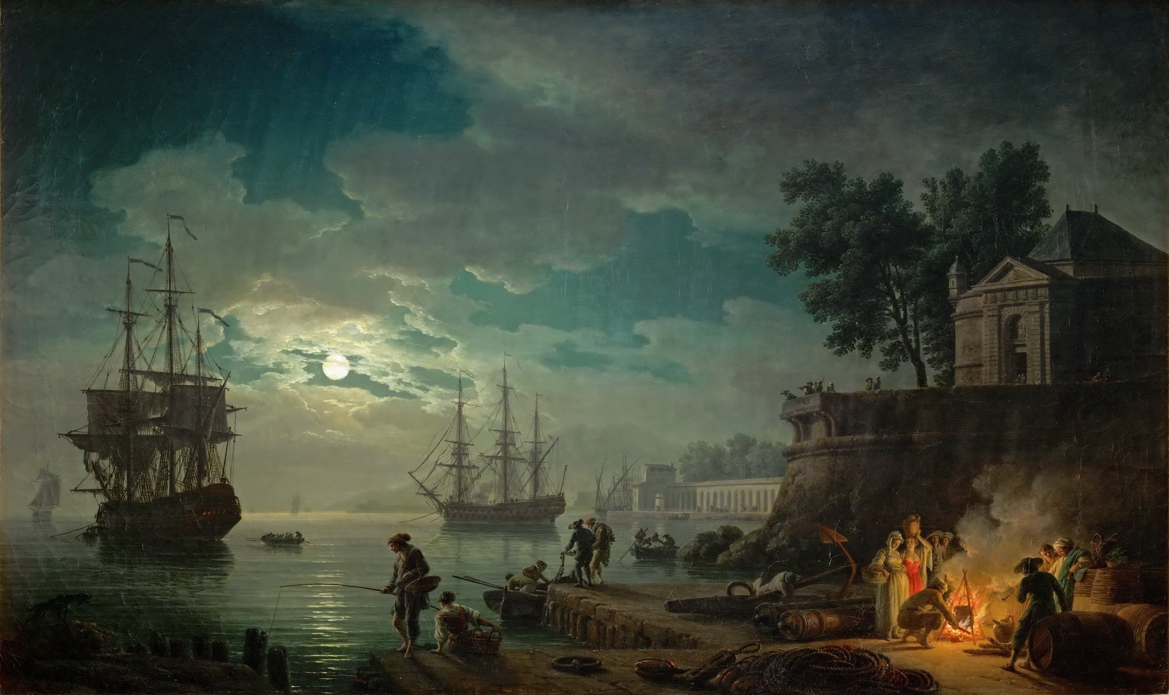 Moonlit Harbor Scene with Ships and Figures by Claude Joseph Vernet HD Wallpaper