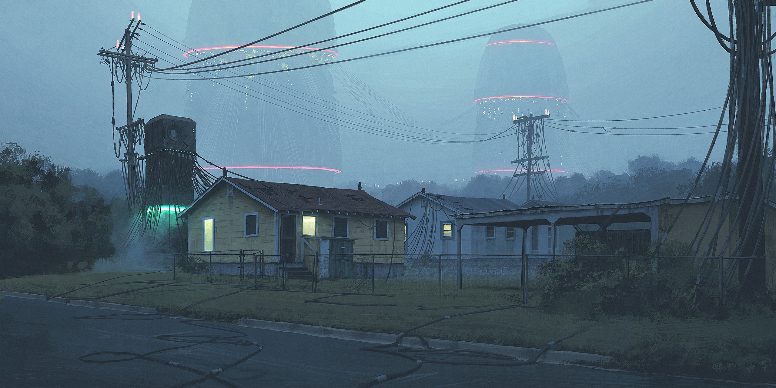 Artwork by Simon Stålenhag depicting alien structures HD Wallpaper