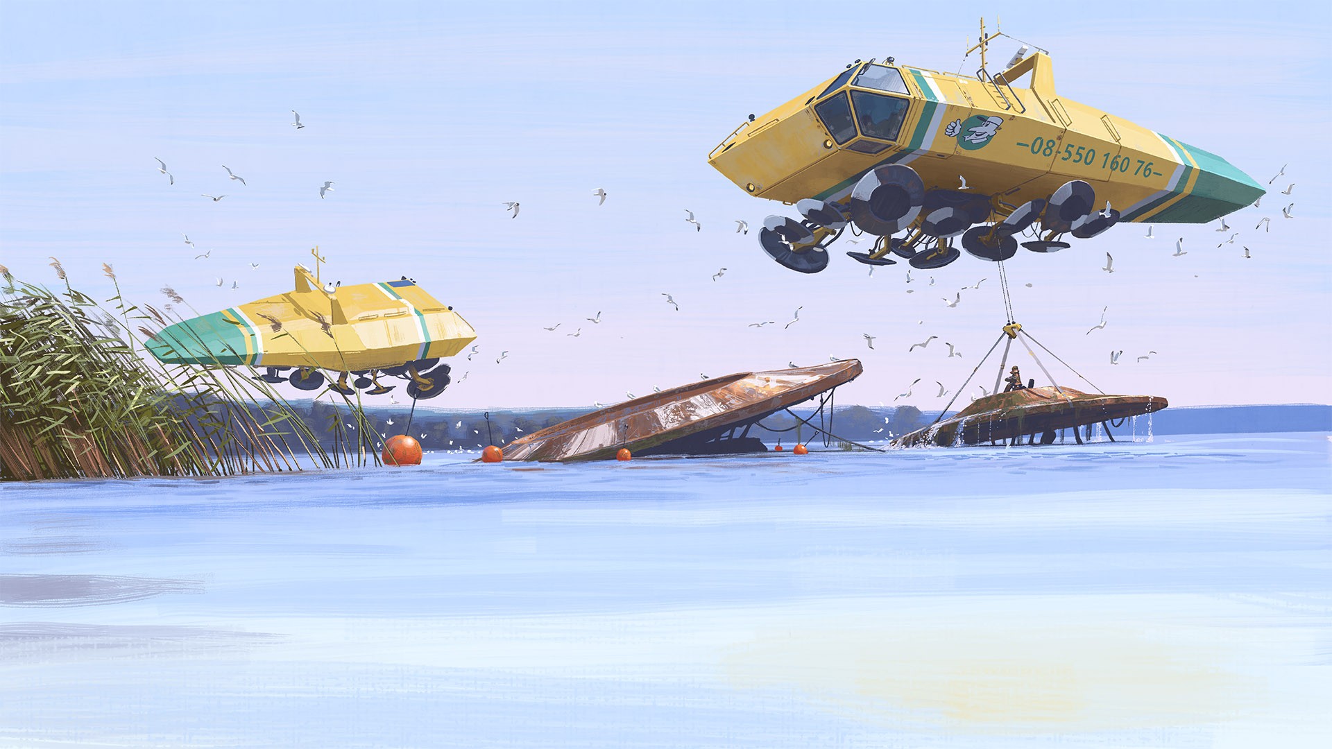 Simon Stålenhag artwork of flying vehicles and sunken boats HD Wallpaper