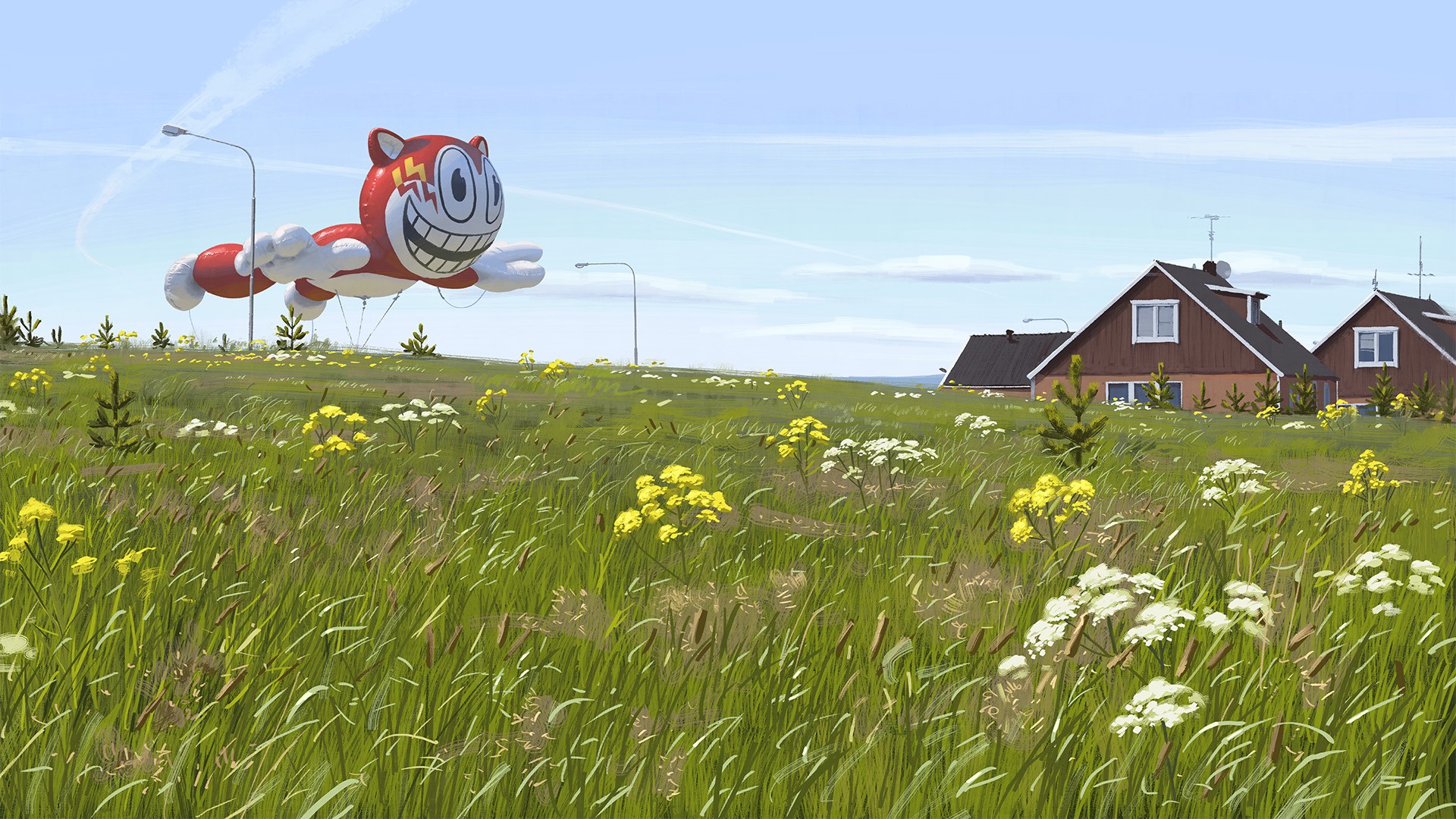 Simon Stålenhag's cartoon cat balloon over a field HD Wallpaper