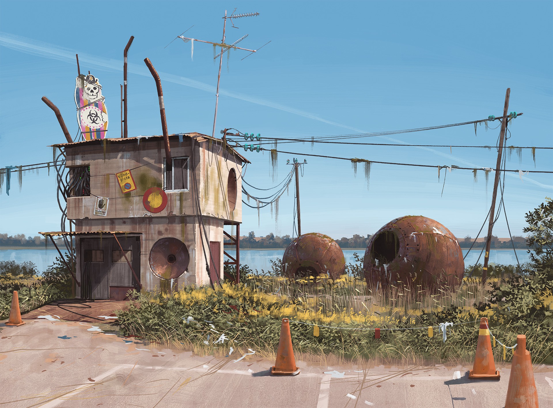 Simon Stålenhag artwork of a post-apocalyptic outpost HD Wallpaper