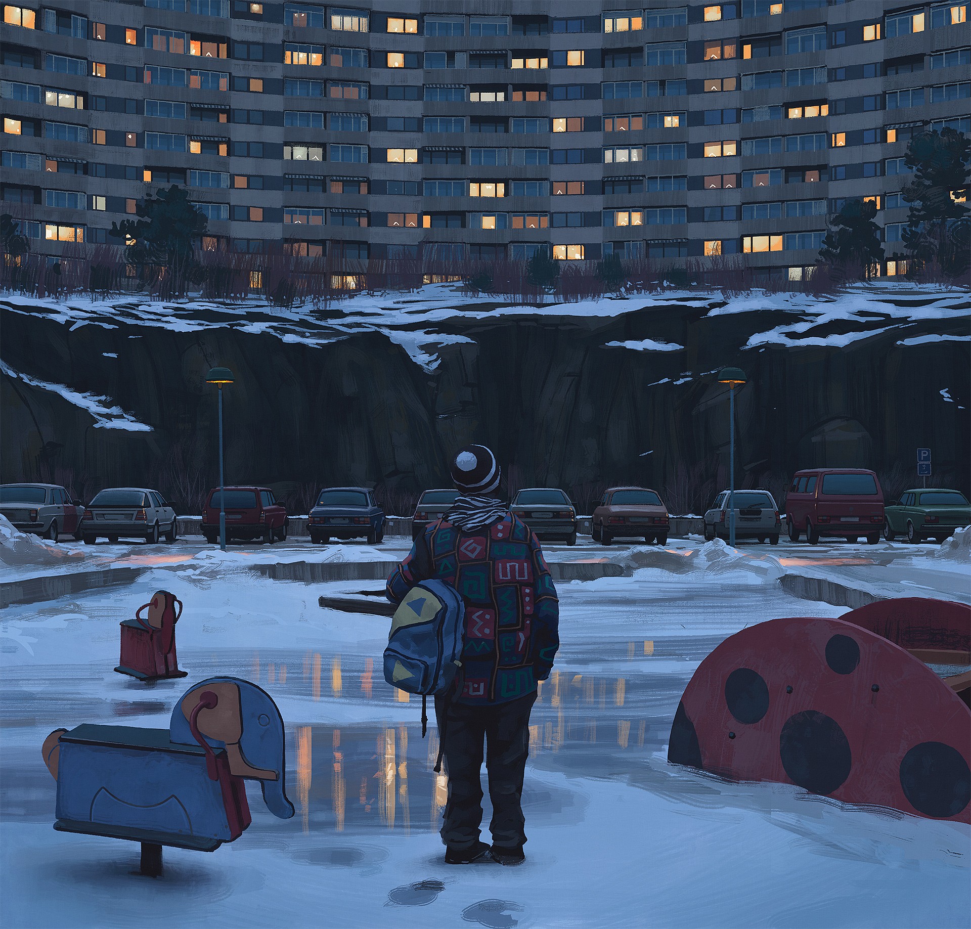 Simon Stålenhag artwork of a person in a playground HD Wallpaper
