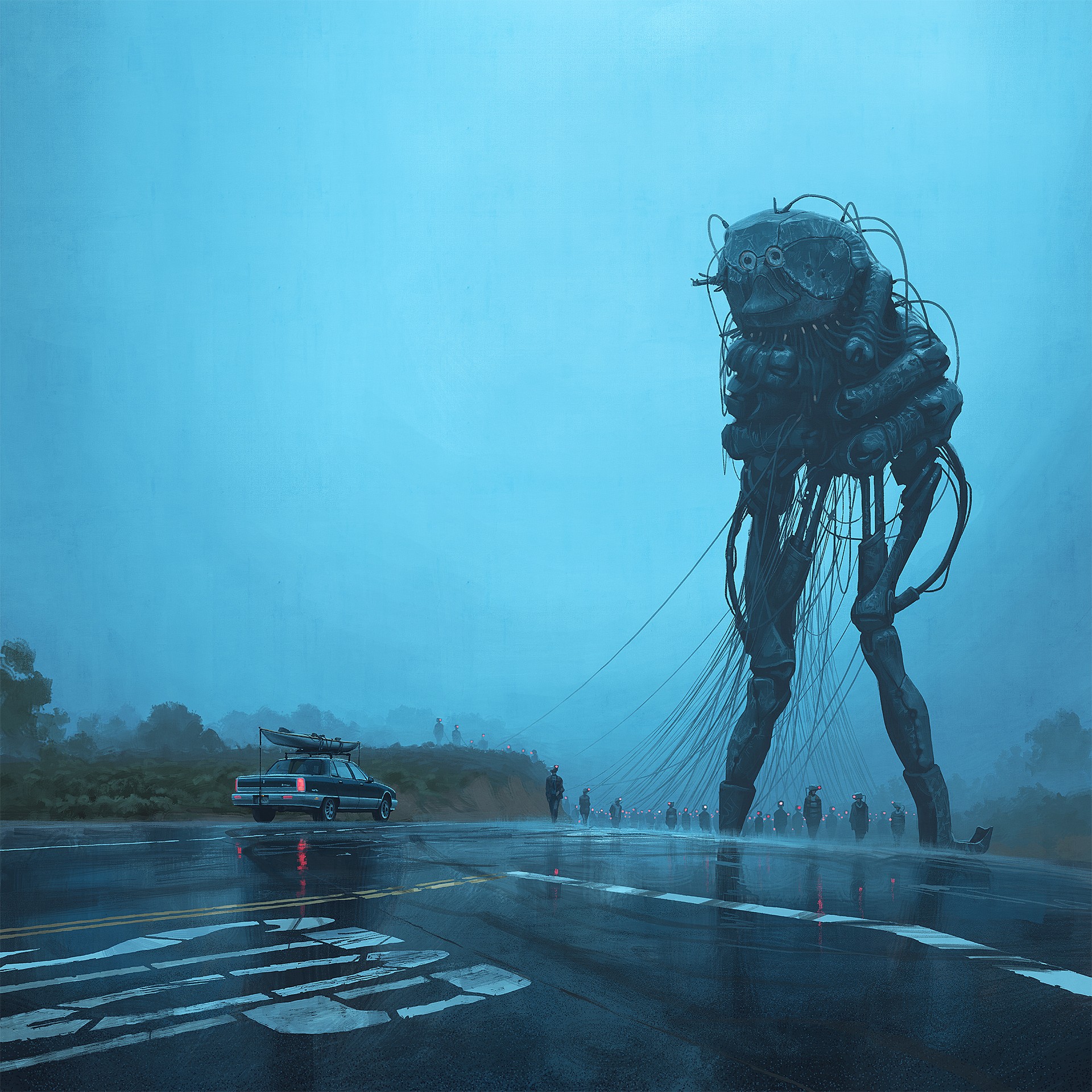 Simon Stålenhag artwork of a giant robot on a road HD Wallpaper
