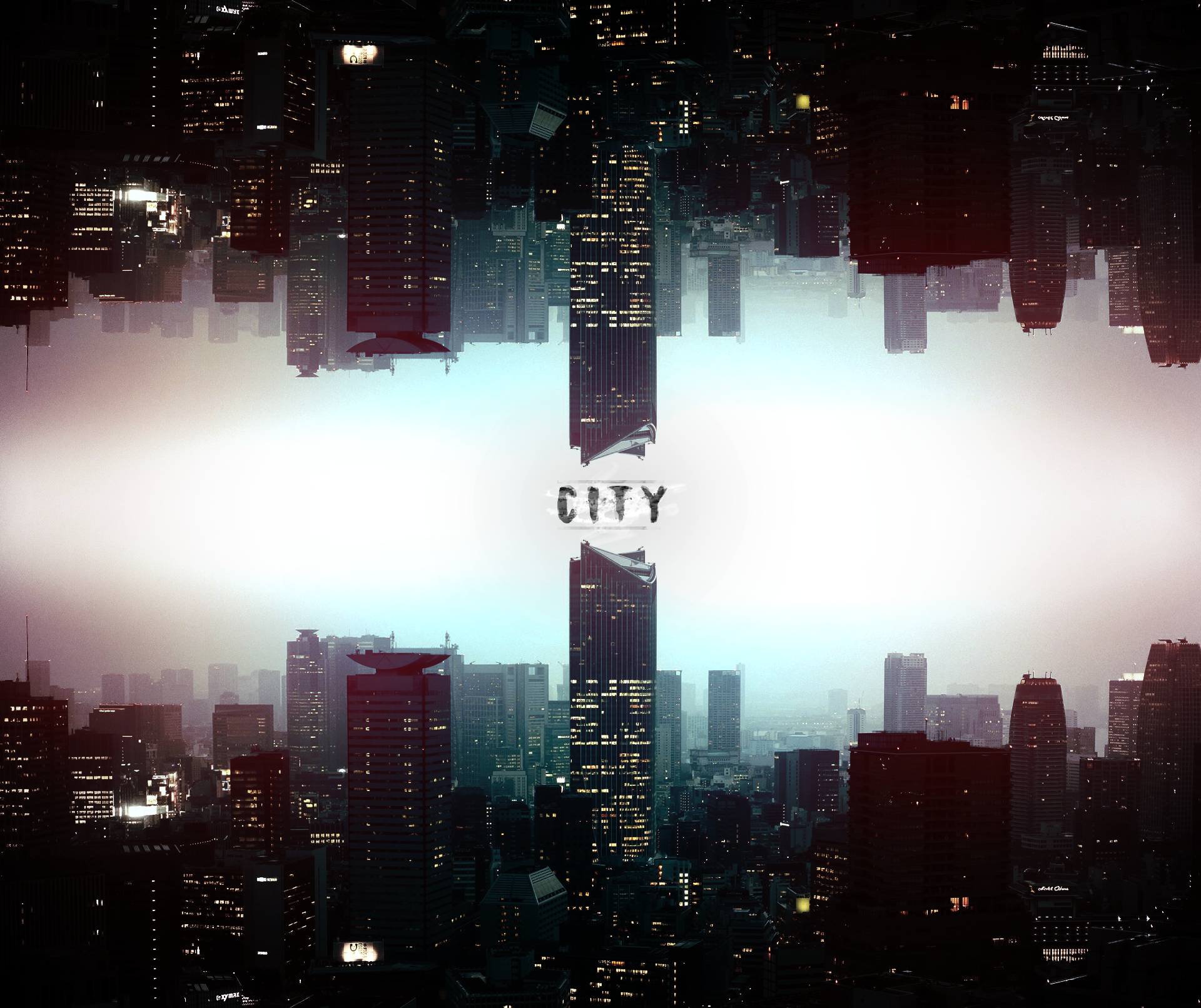 Cityscape with mirrored skyscrapers and the word CITY HD Wallpaper
