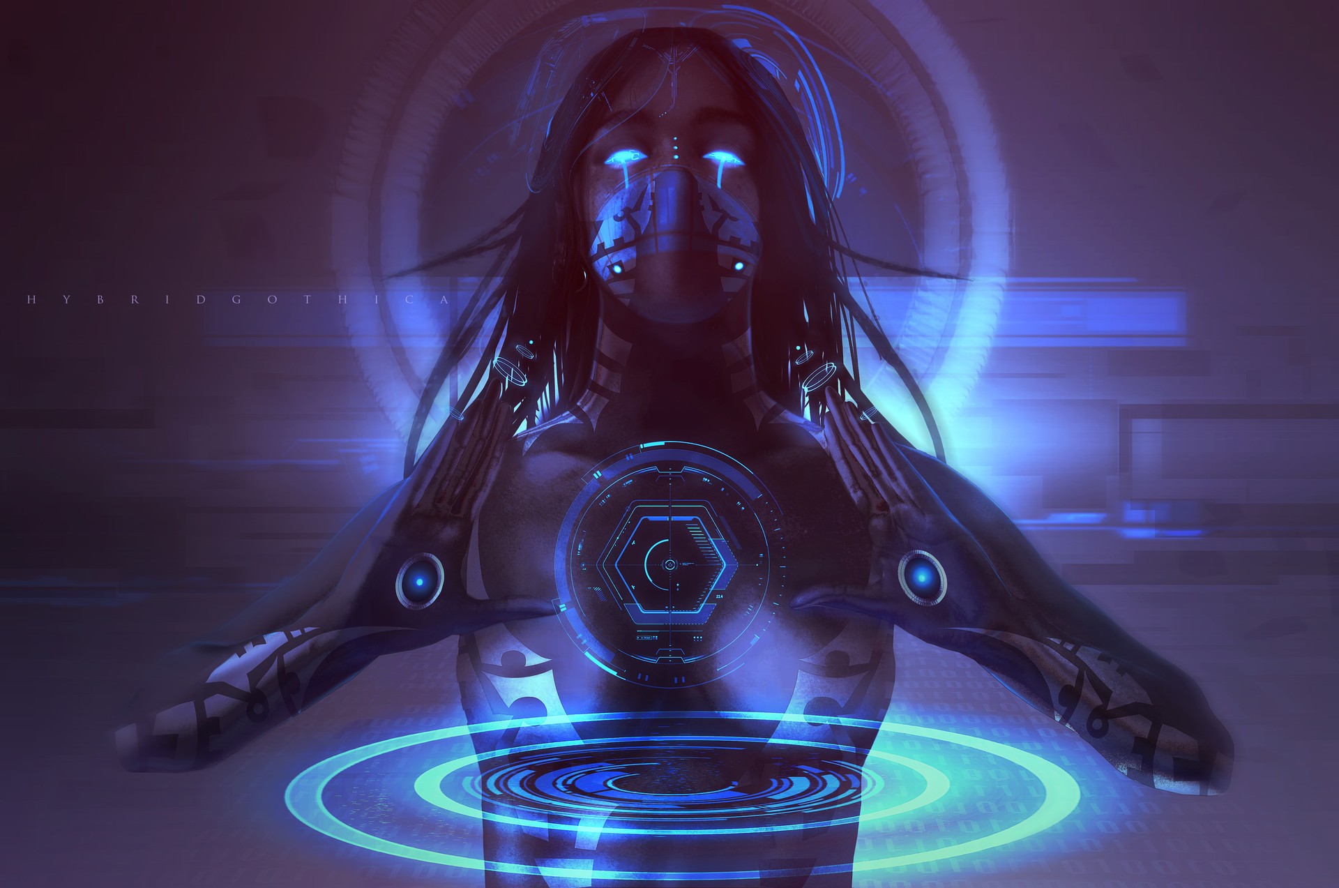 Futuristic cyborg with glowing blue eyes and digital interface HD Wallpaper