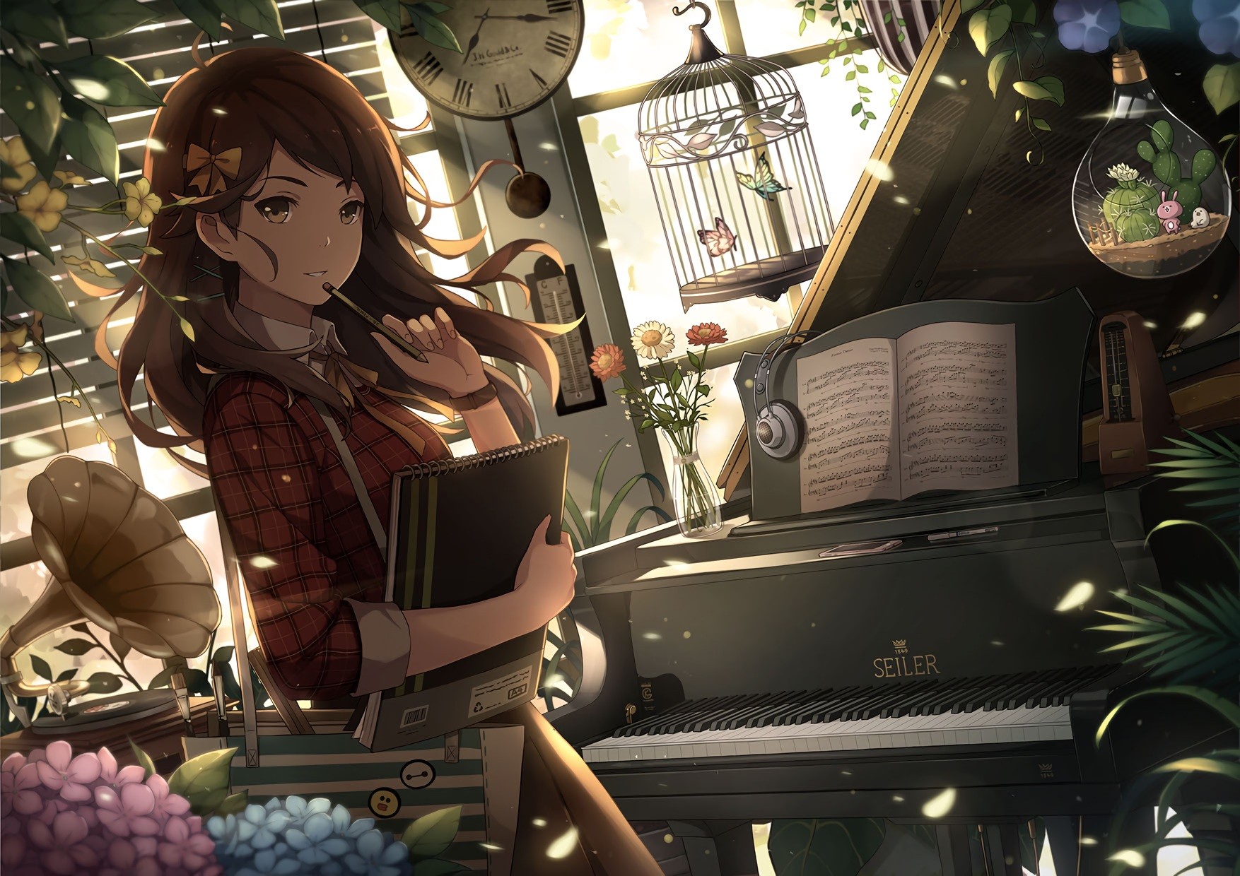Anime girl with headphones by a piano with butterflies HD Wallpaper