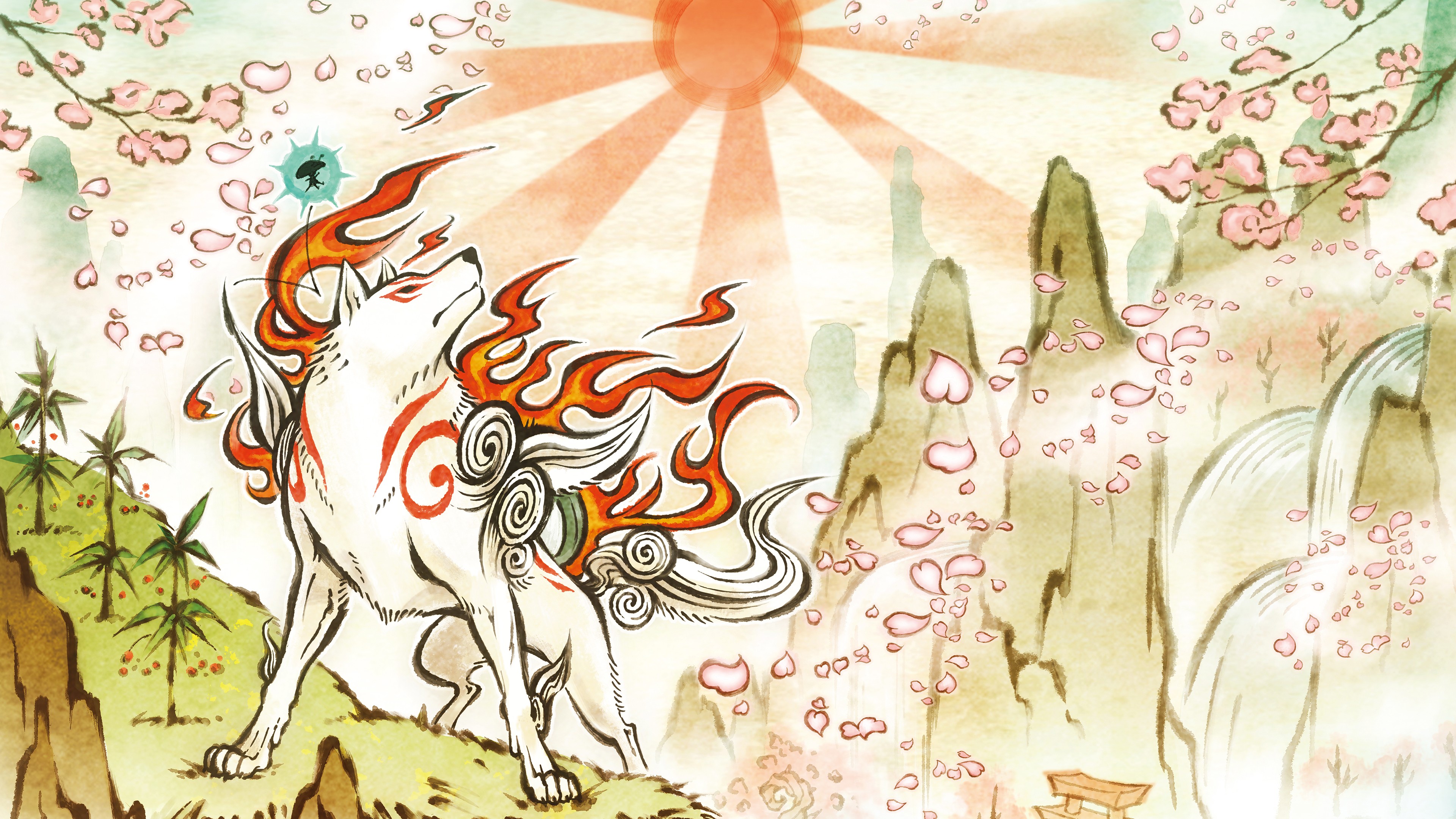 Amaterasu from Okami with cherry blossoms and mountains HD Wallpaper