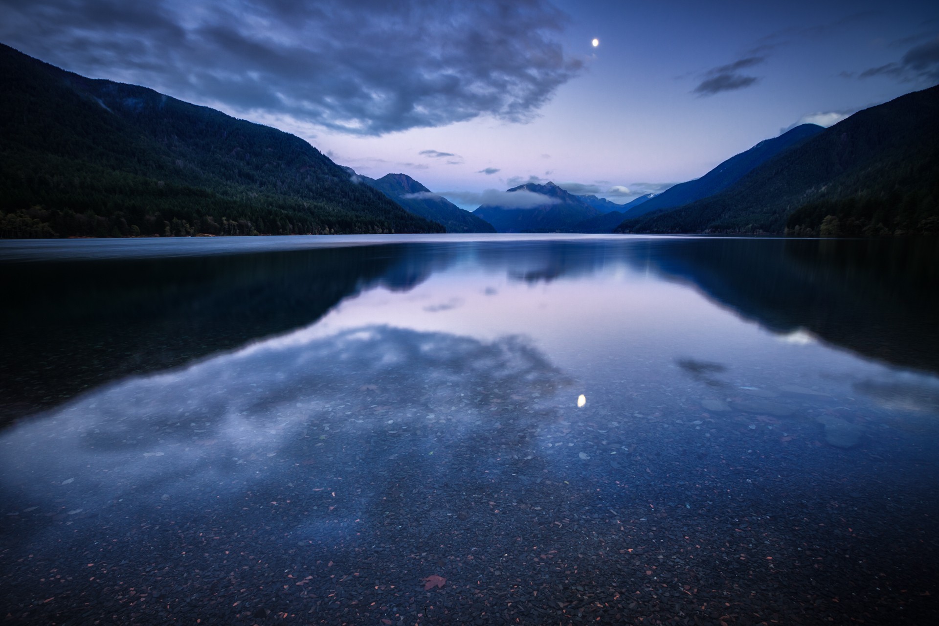 Lake reflection of mountains and moon at dusk HD Wallpaper