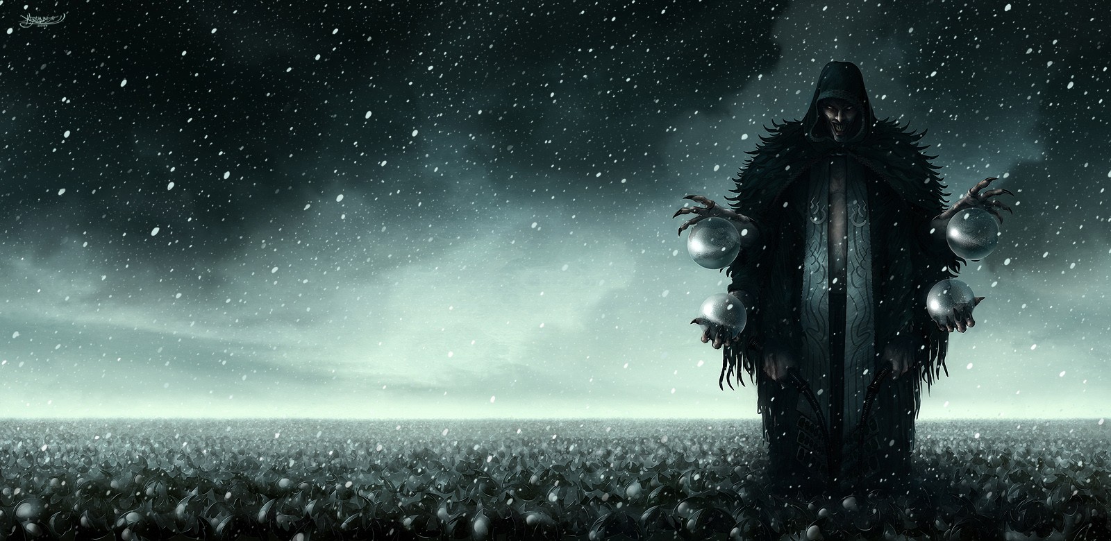 Dark fantasy figure in a snowy field holding orbs HD Wallpaper
