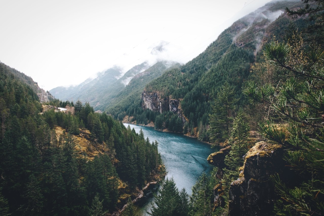 River flowing through a forested mountain valley HD Wallpaper
