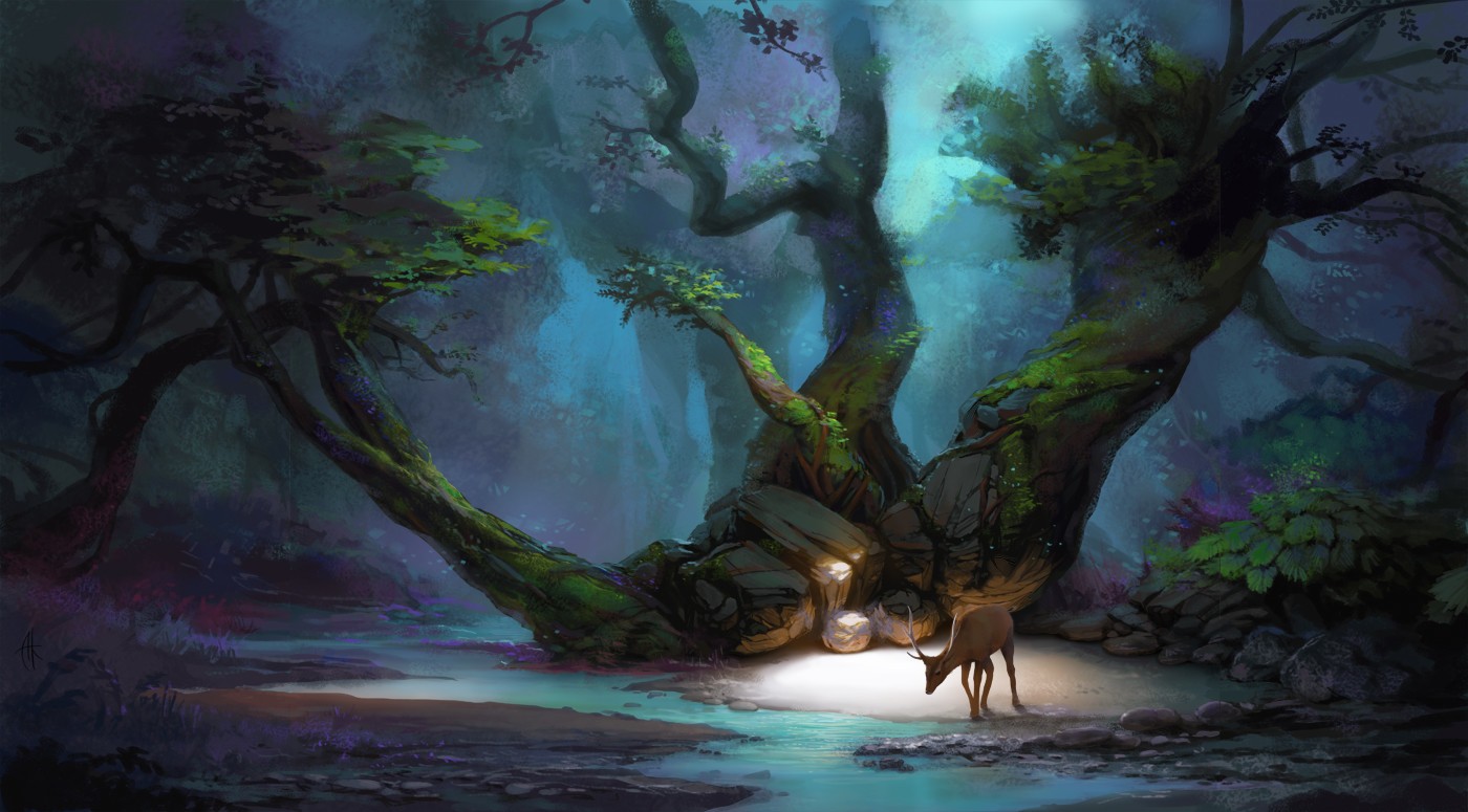 Fantasy forest with ancient trees and a deer HD Wallpaper