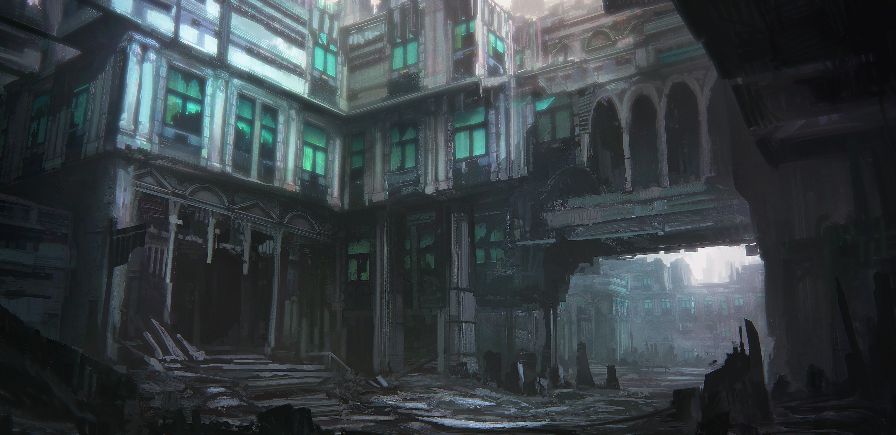 Abandoned city with glowing windows and broken architecture HD Wallpaper
