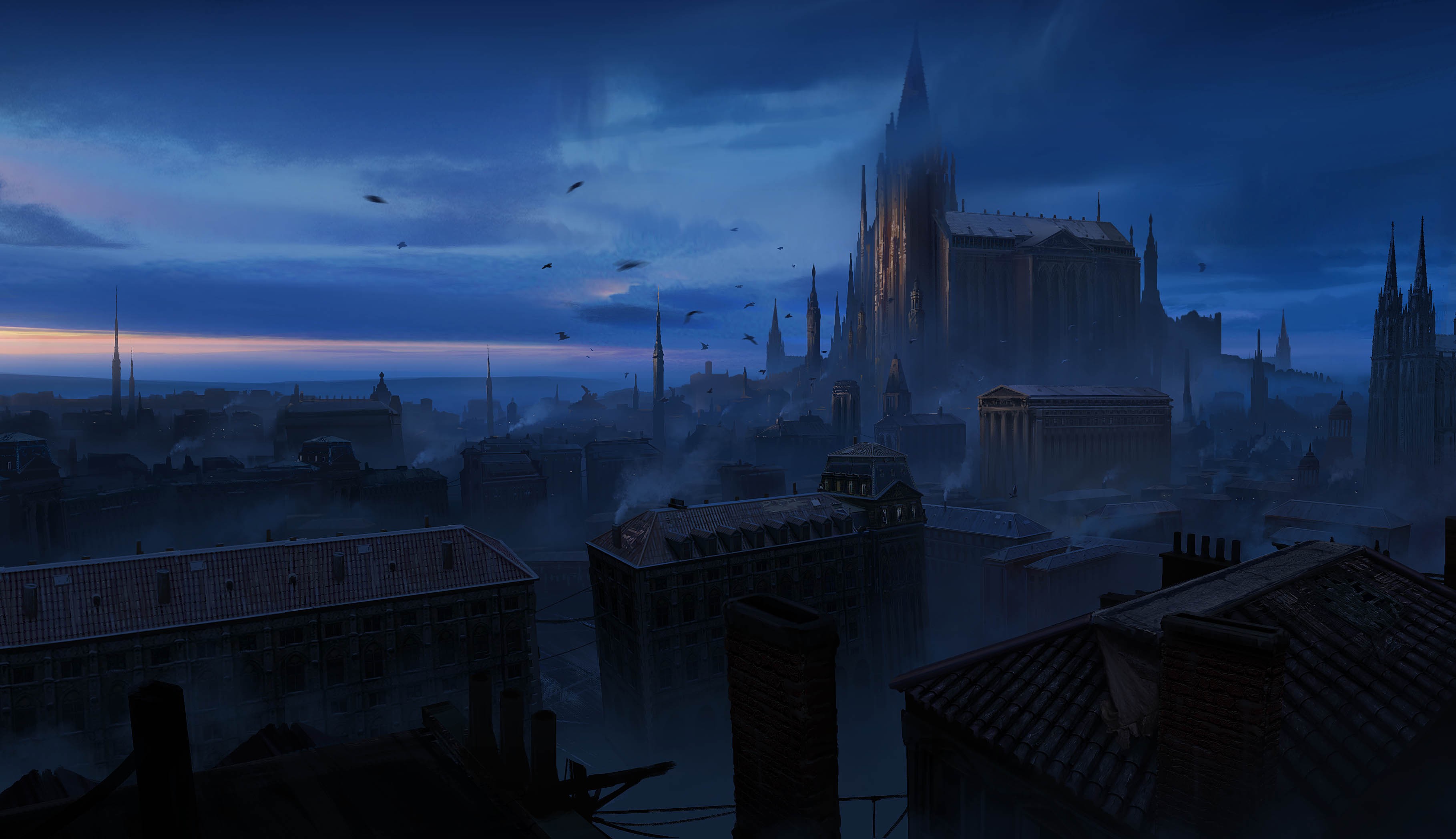 Dark fantasy city skyline at dusk with birds flying HD Wallpaper