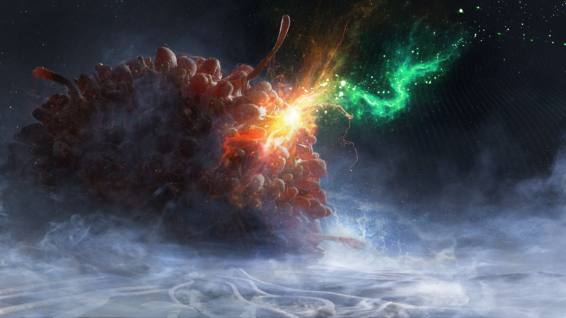 Abstract 3D digital art of a cell under attack HD Wallpaper