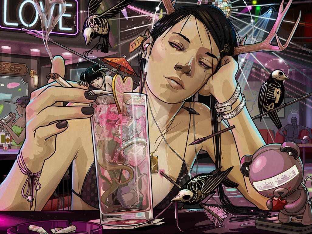 Artwork of a woman with antlers in a bar HD Wallpaper
