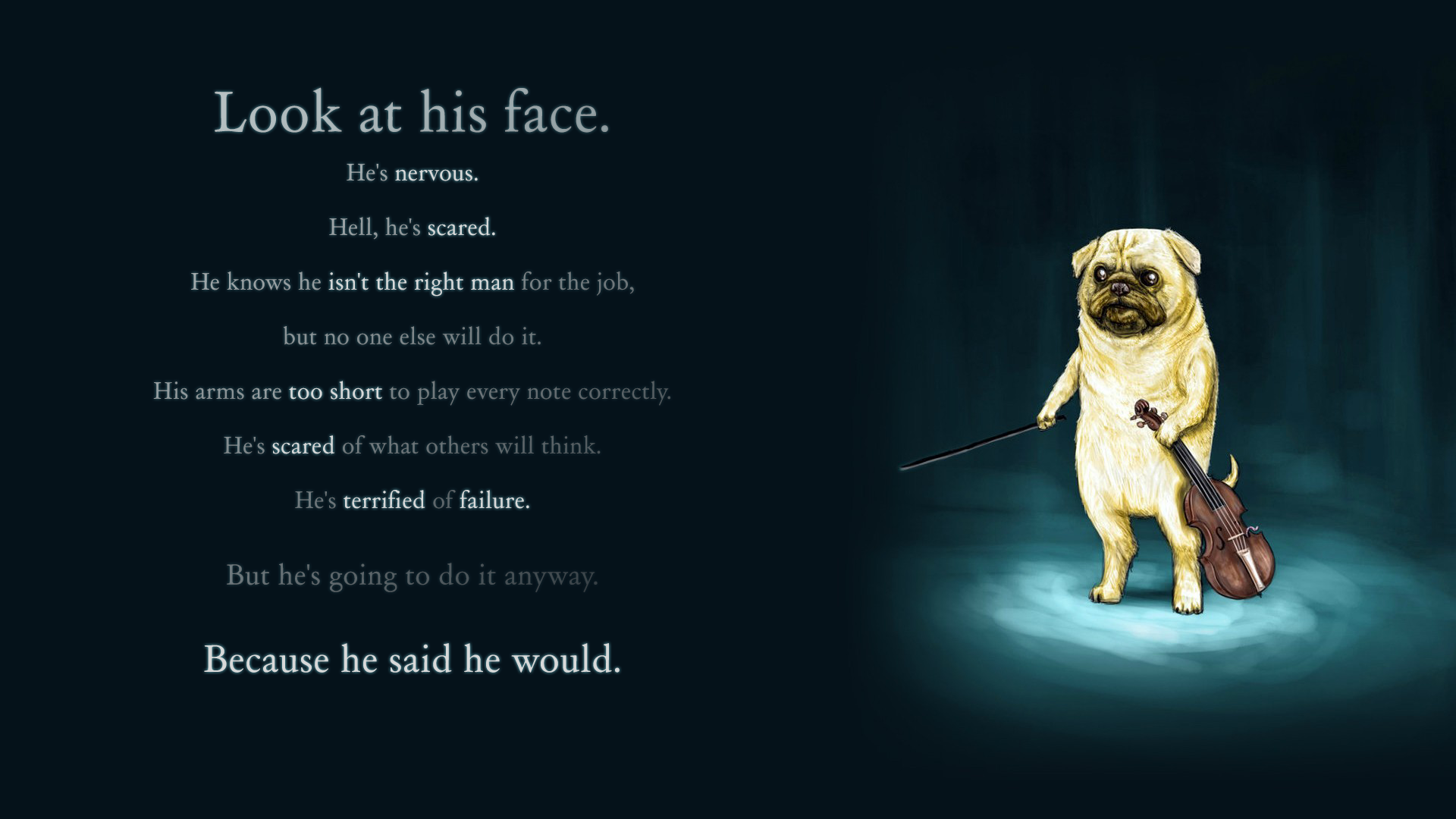 Pug playing the violin with motivational text HD Wallpaper