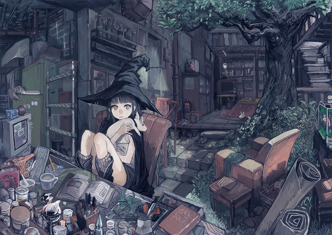 Witch with rabbit in a cluttered room with nature HD Wallpaper