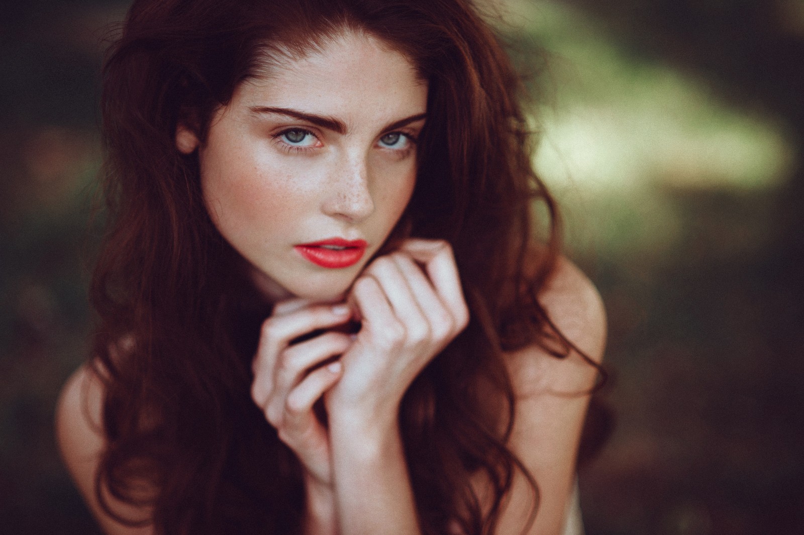 Woman with red lipstick and freckles HD Wallpaper