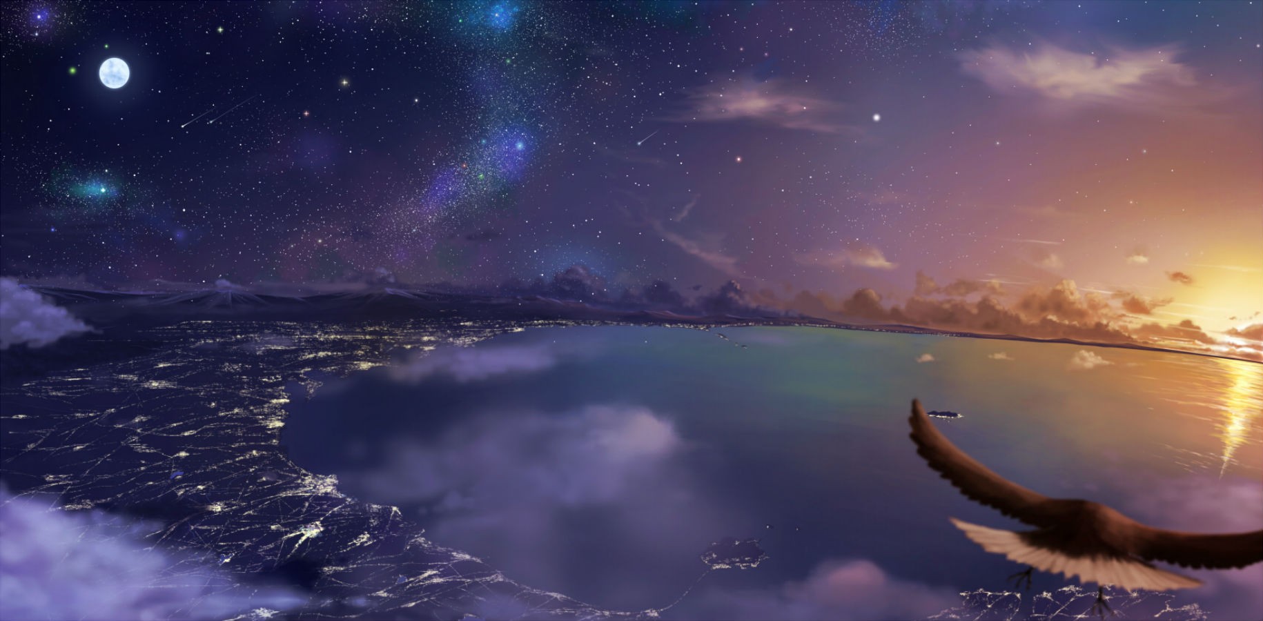 Anime sky with stars, moon, city lights, and eagle HD Wallpaper