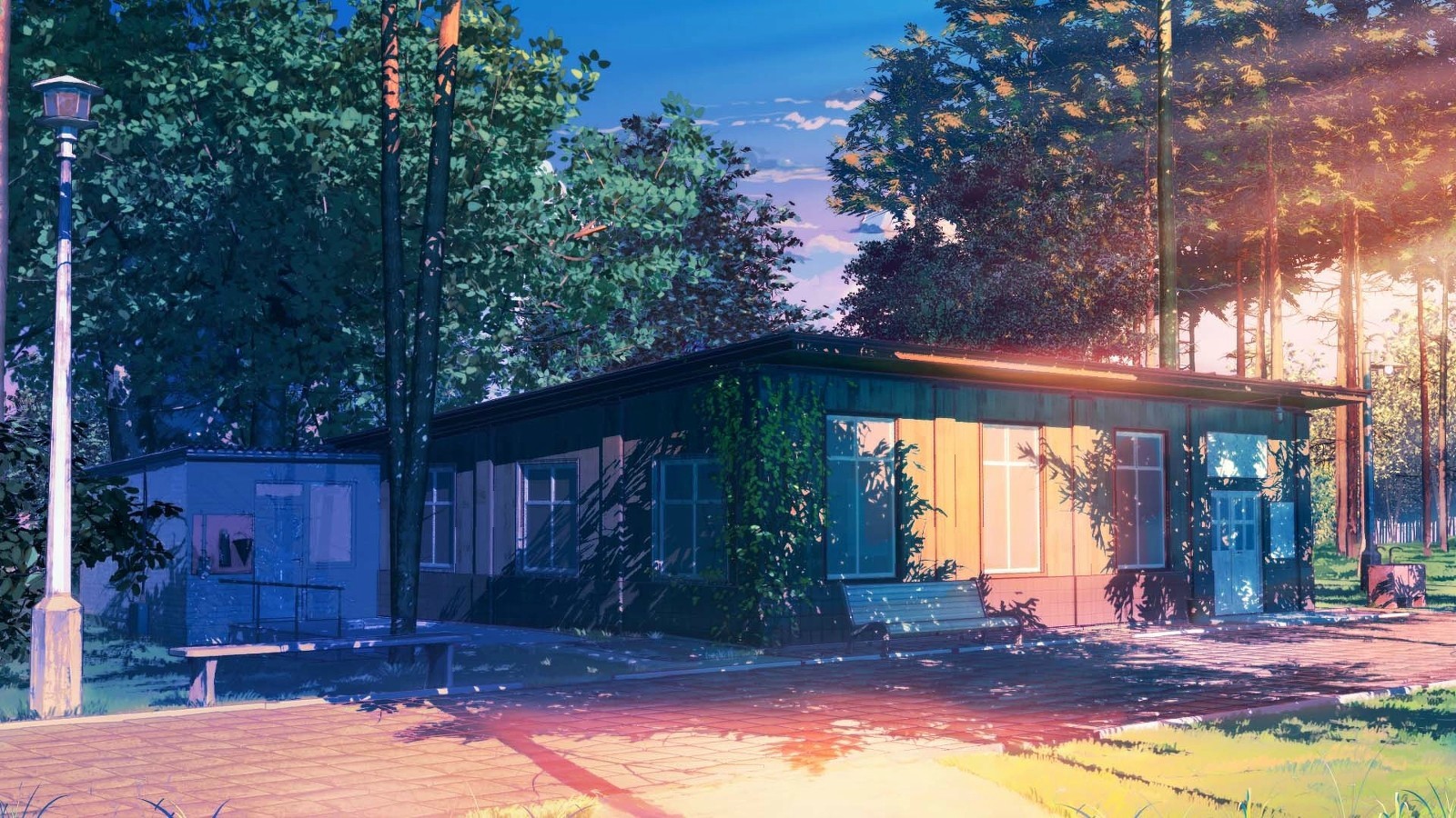Anime house surrounded by trees during sunset HD Wallpaper