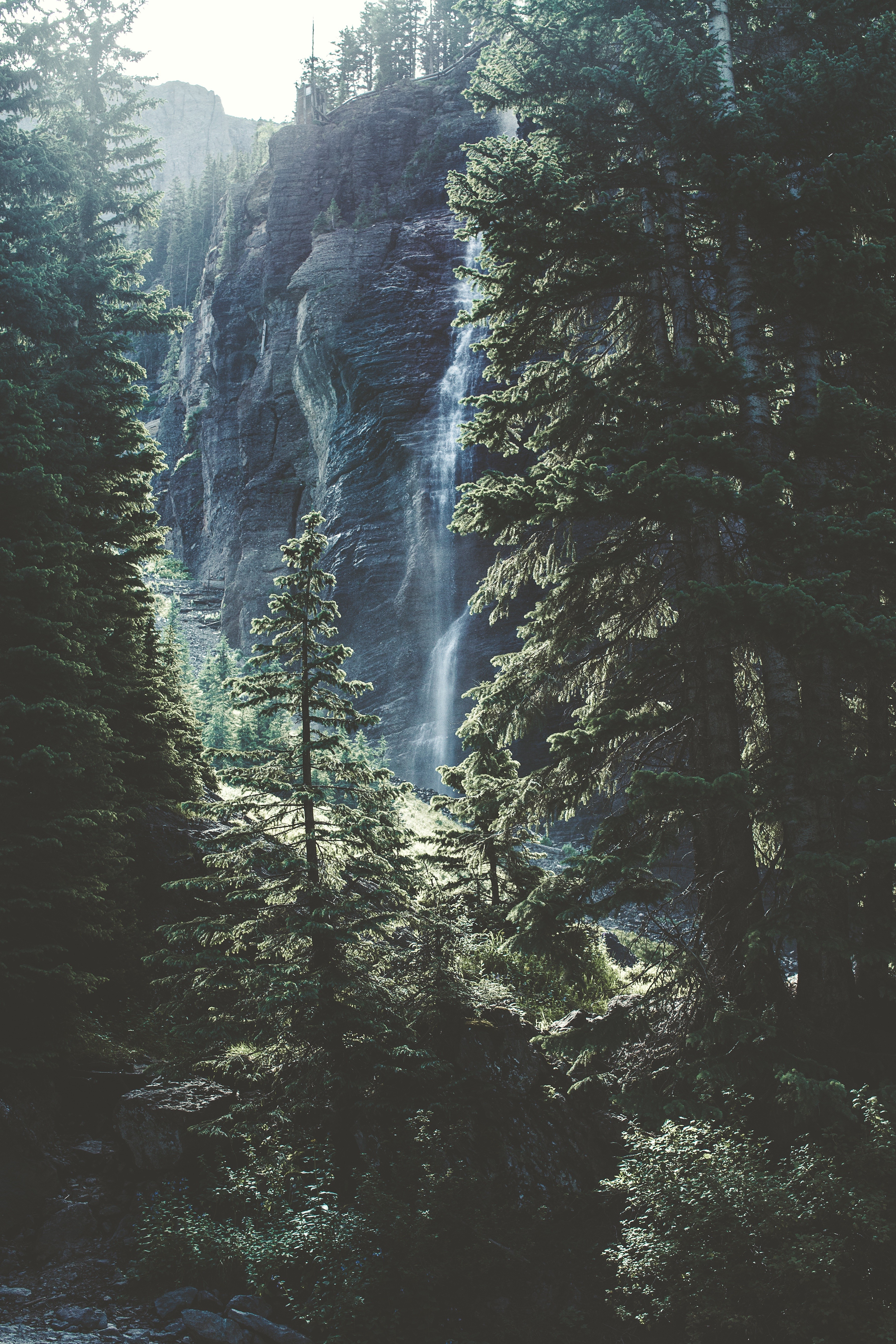 Waterfall cascading down a rocky cliff surrounded by trees HD Wallpaper