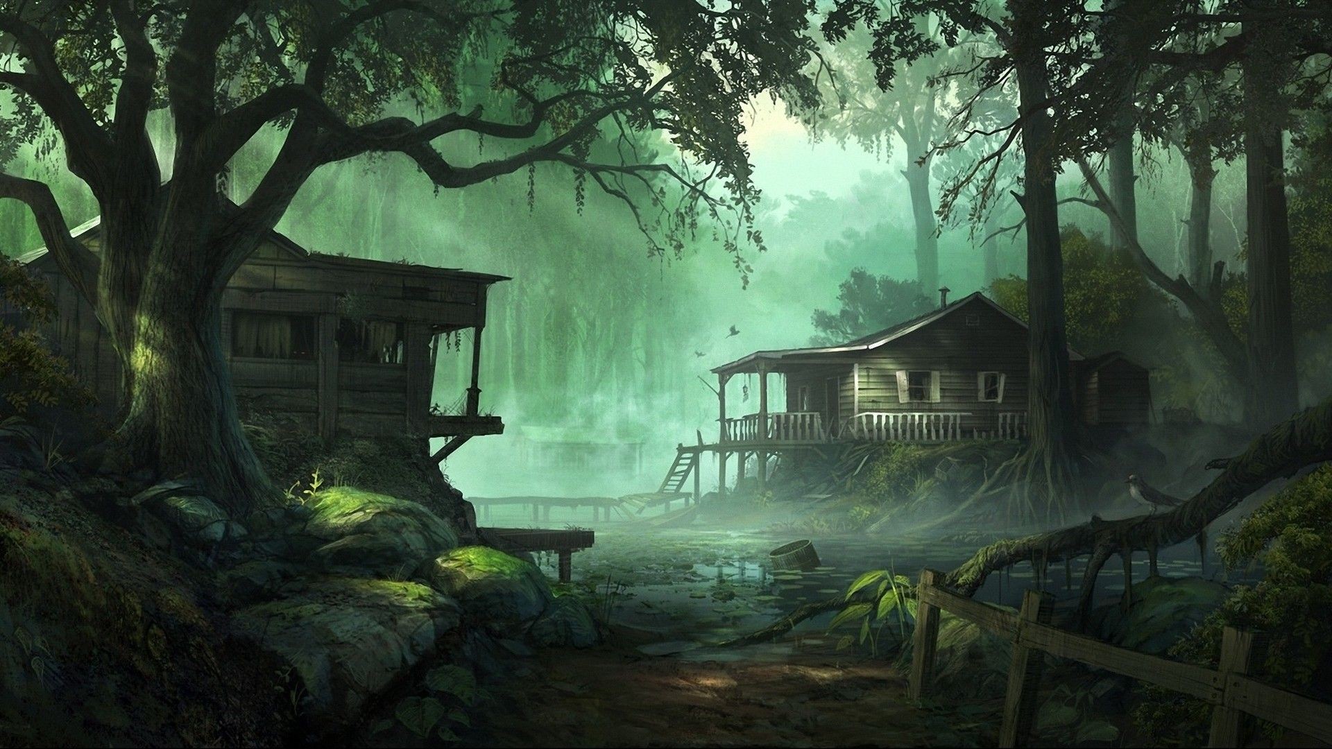 Two wooden houses in a foggy swamp with trees HD Wallpaper