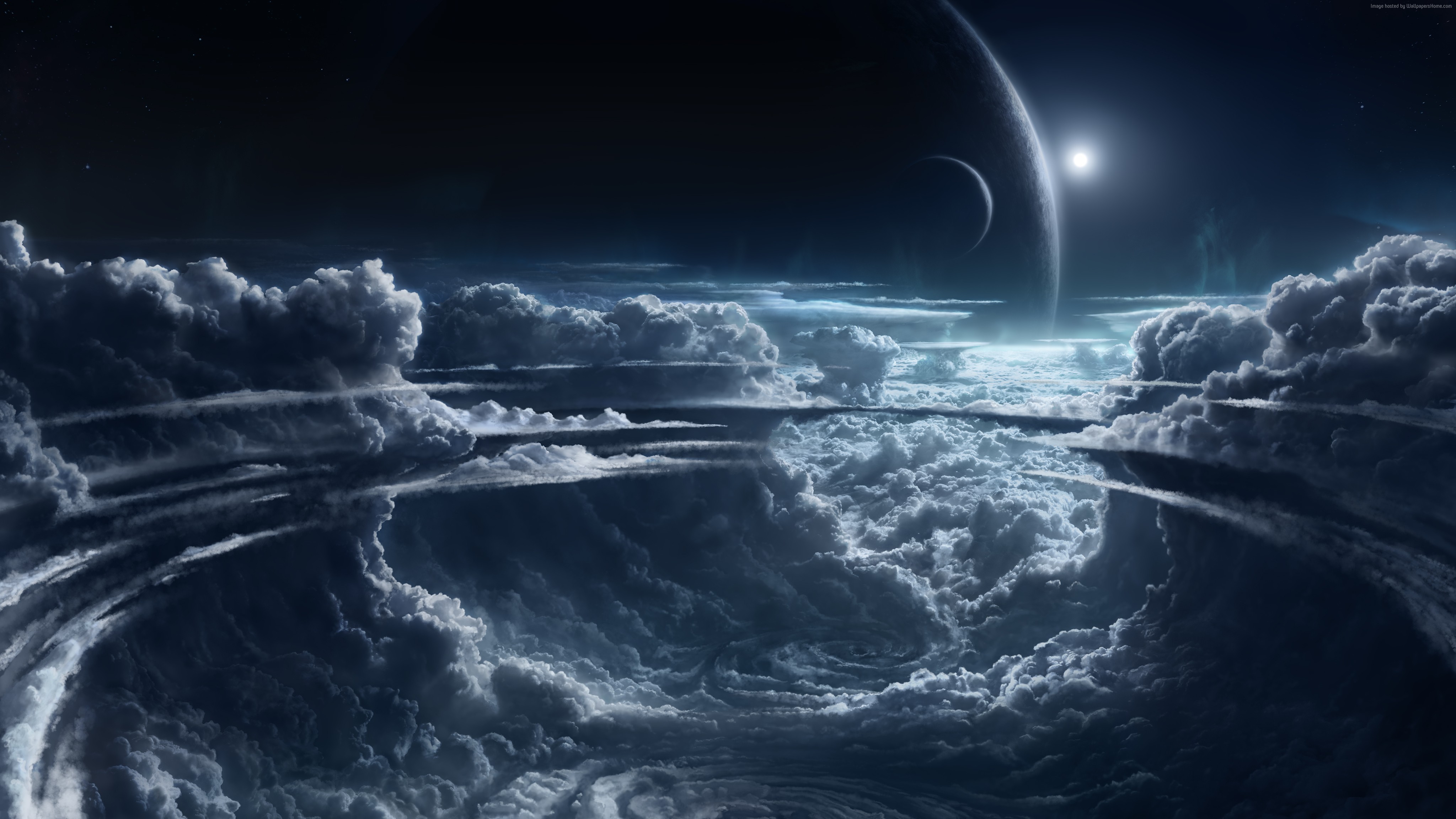 Science fiction planet with clouds and moons HD Wallpaper
