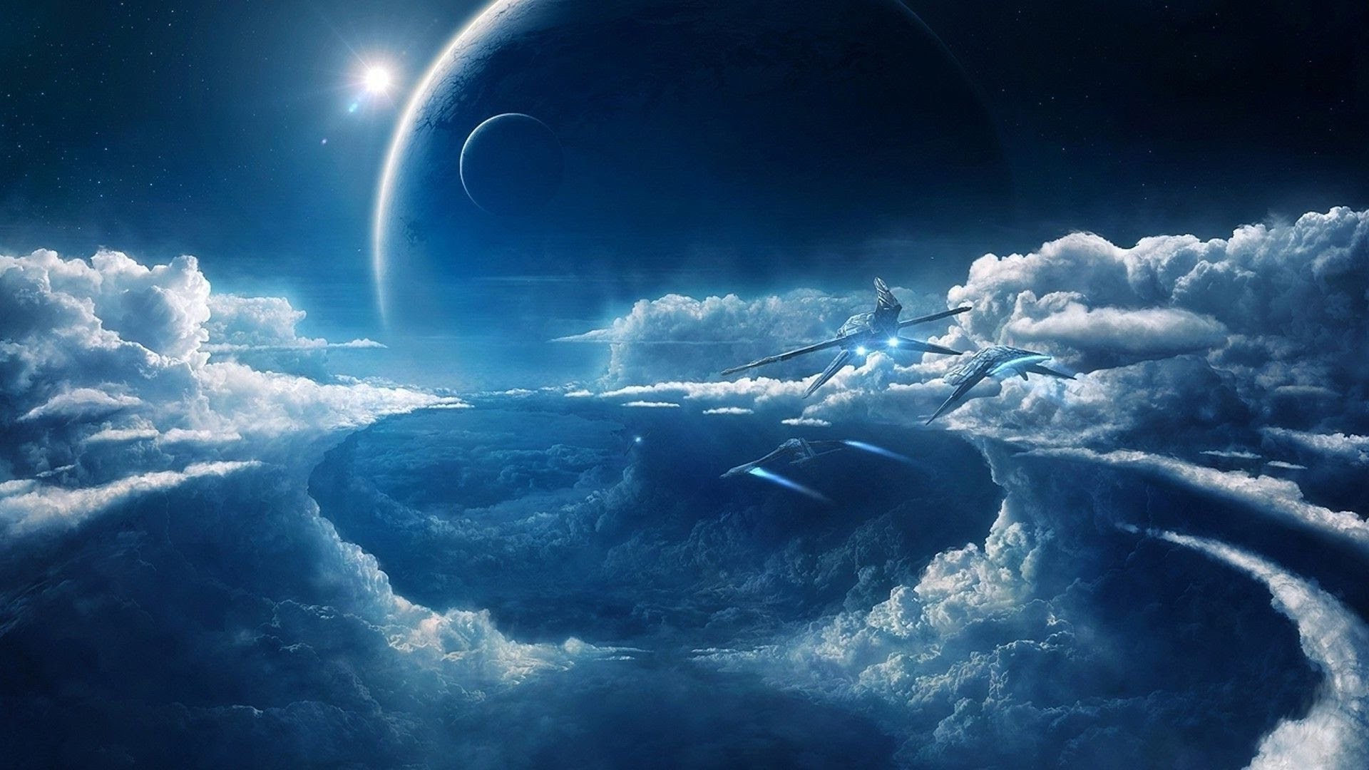 Spaceships flying through clouds near a planet HD Wallpaper