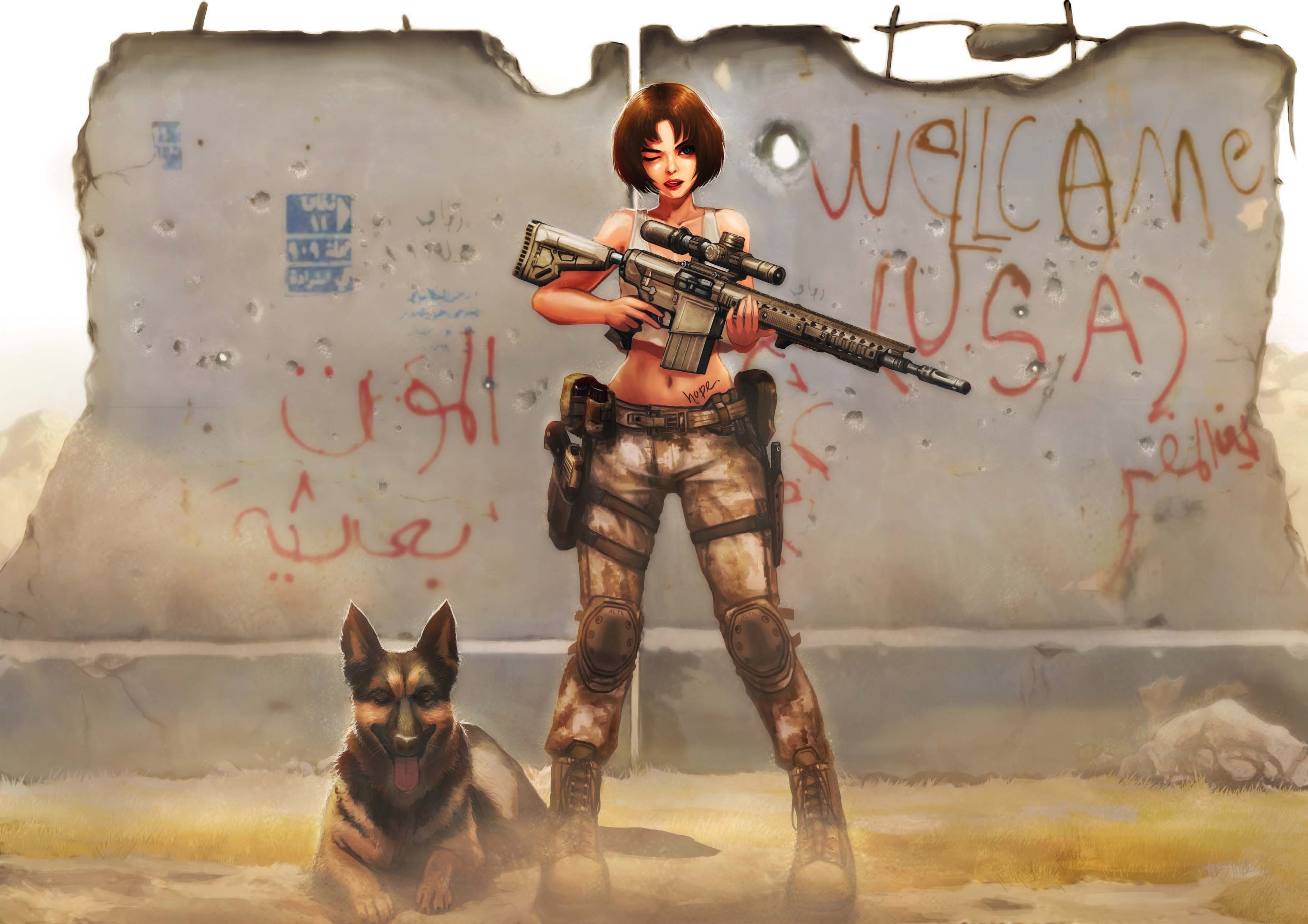 Anime girl with sniper rifle and dog HD Wallpaper