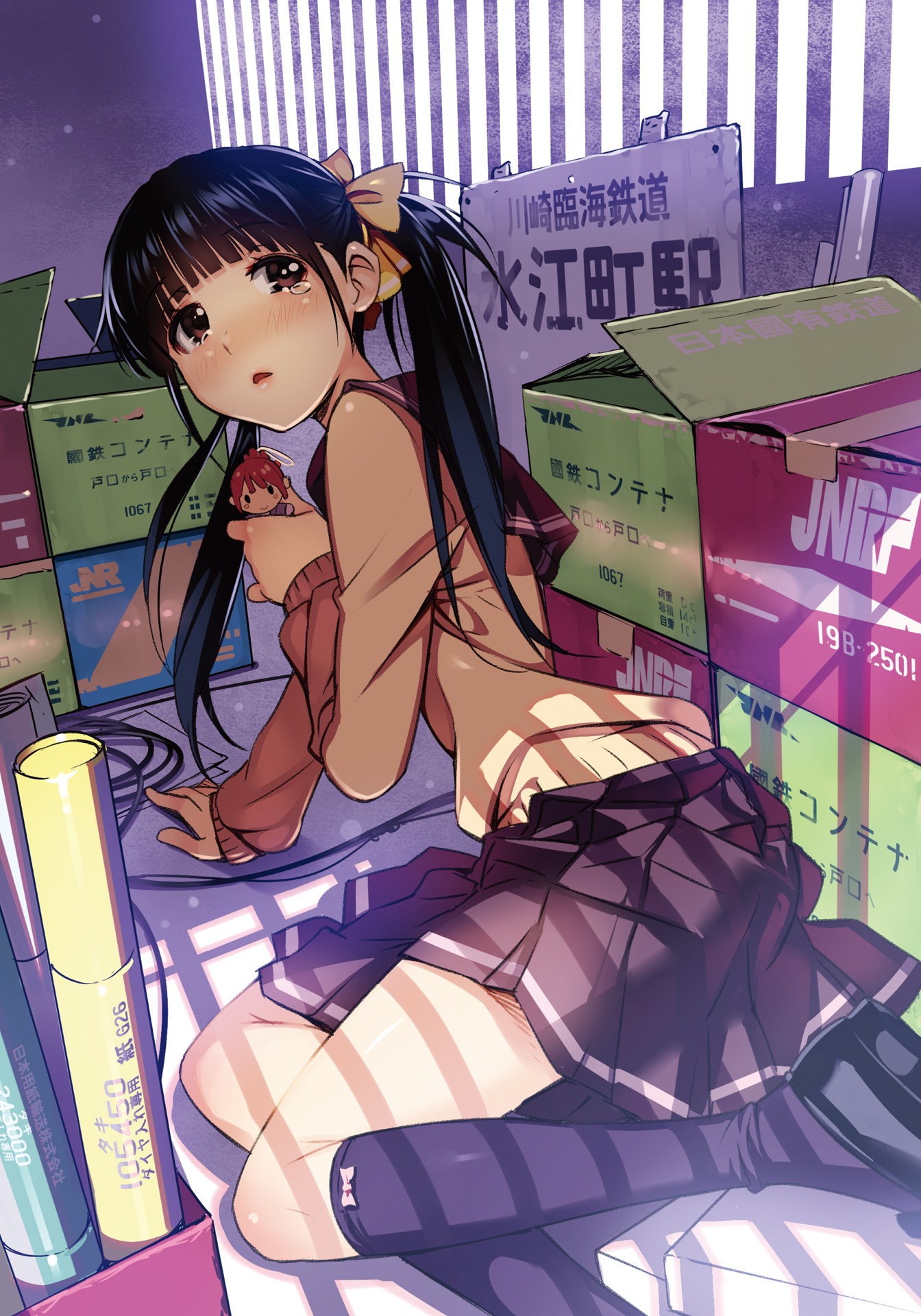Anime girl with pigtails holding a doll near boxes HD Wallpaper