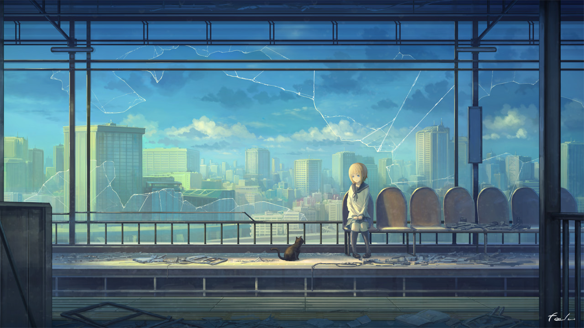 Girl and cat on abandoned subway platform overlooking city HD Wallpaper