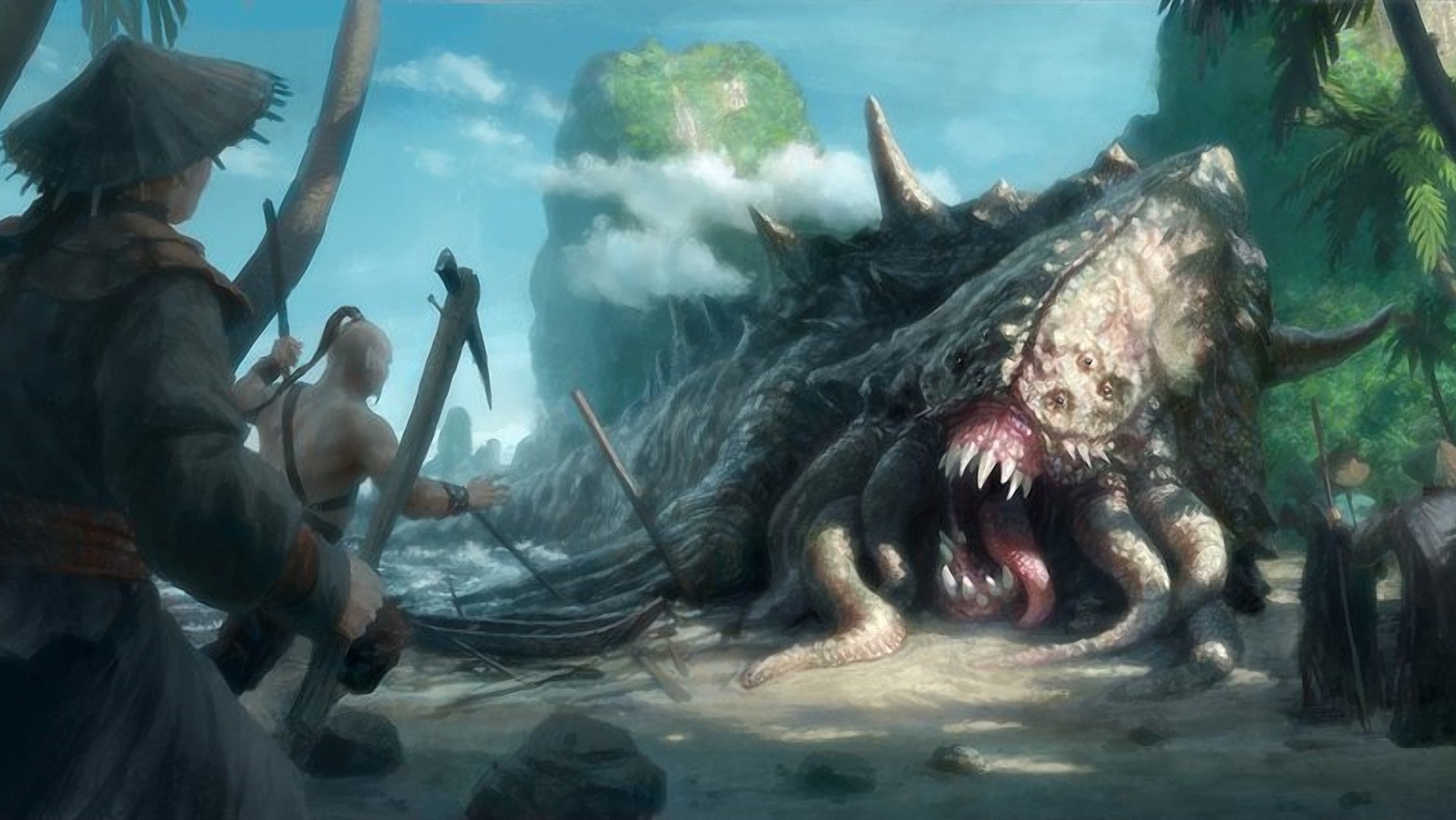 Fantasy art of a monstrous creature on a beach HD Wallpaper
