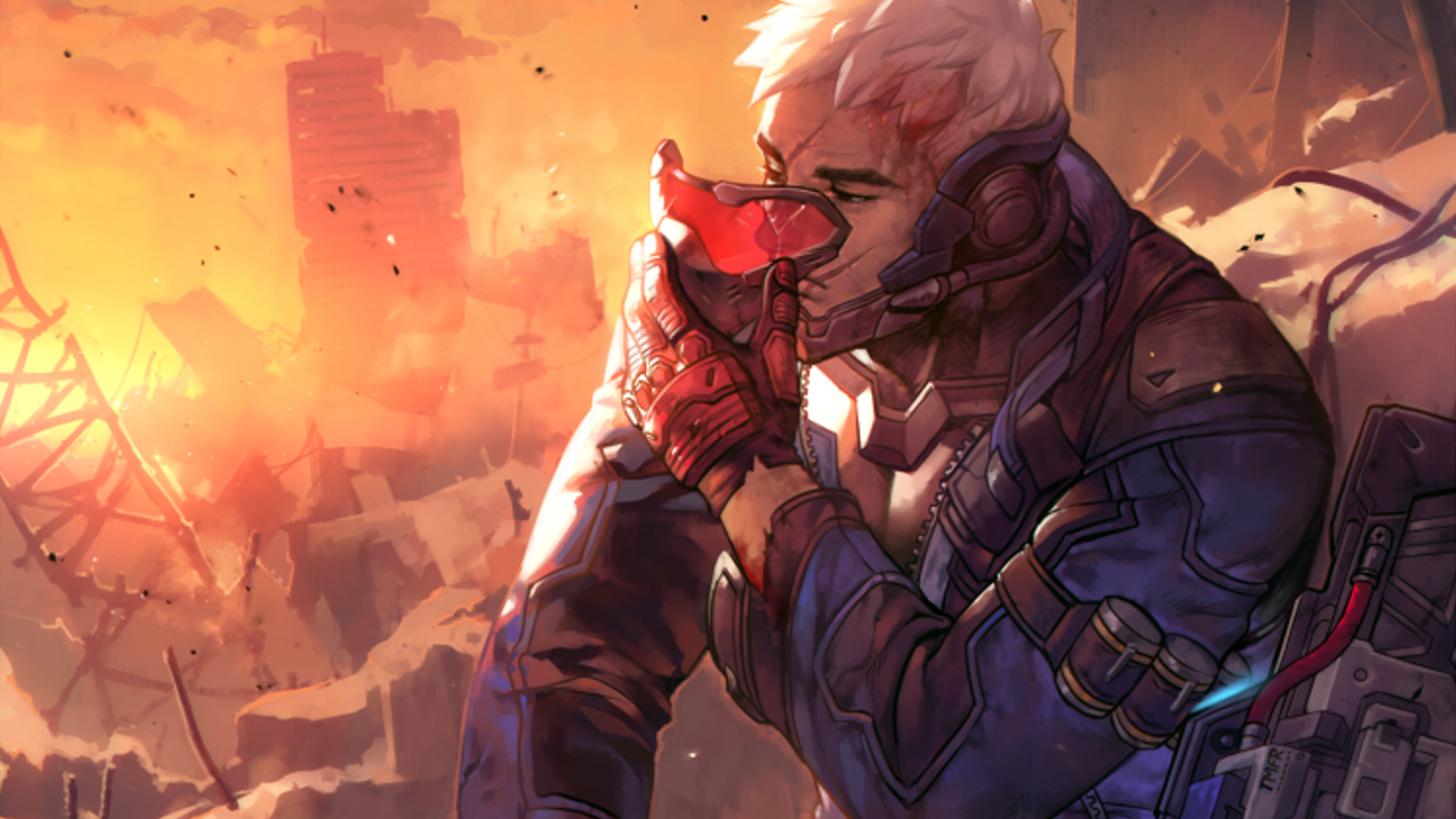 Soldier: 76 in a war-torn city HD Wallpaper