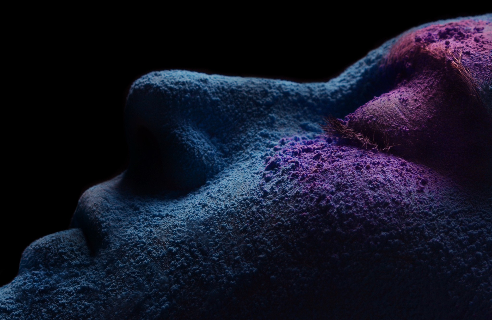 Macro photography of a face covered in blue and purple pigments HD Wallpaper