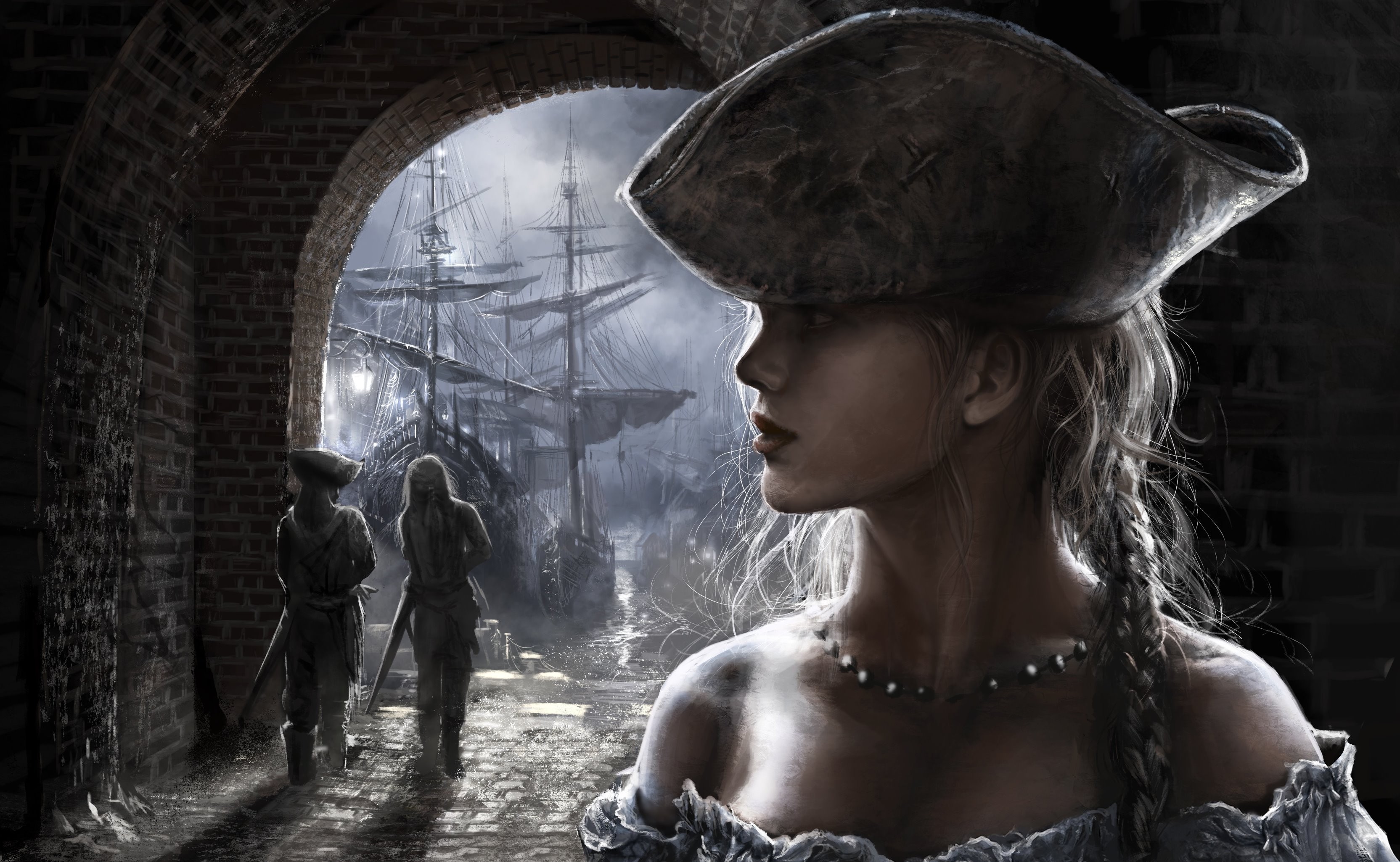Pirate girl in a port with ships HD Wallpaper