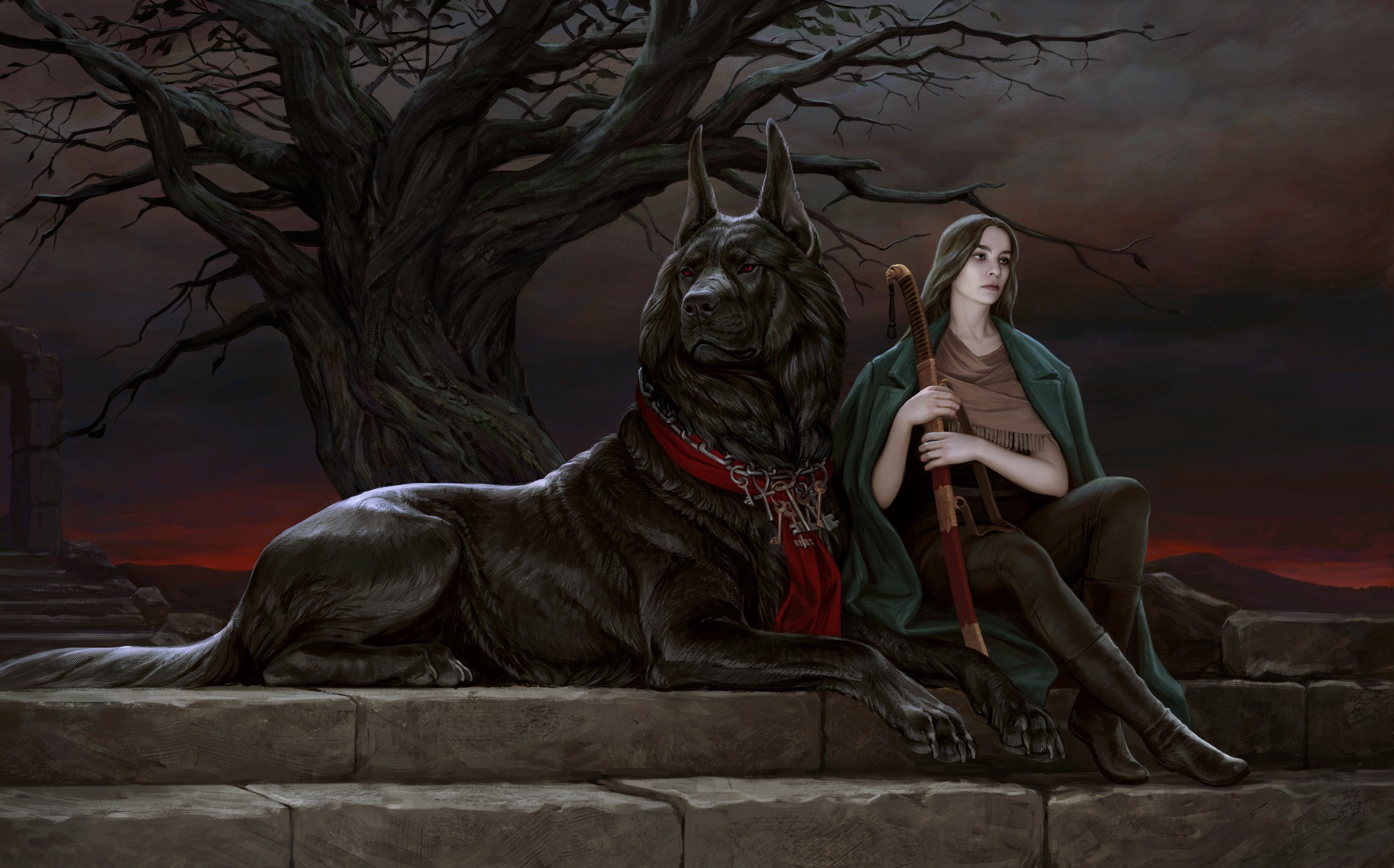Fantasy girl with a large black dog under a tree HD Wallpaper