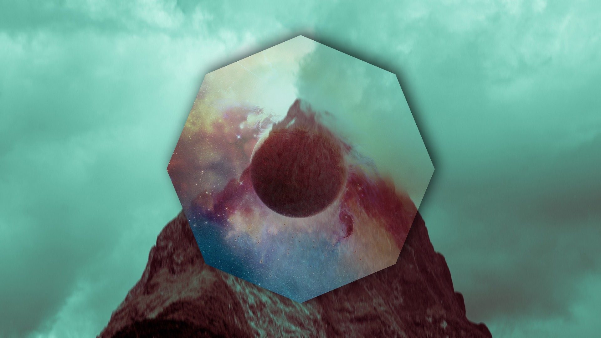 Planet and nebula within an octagon over mountains HD Wallpaper