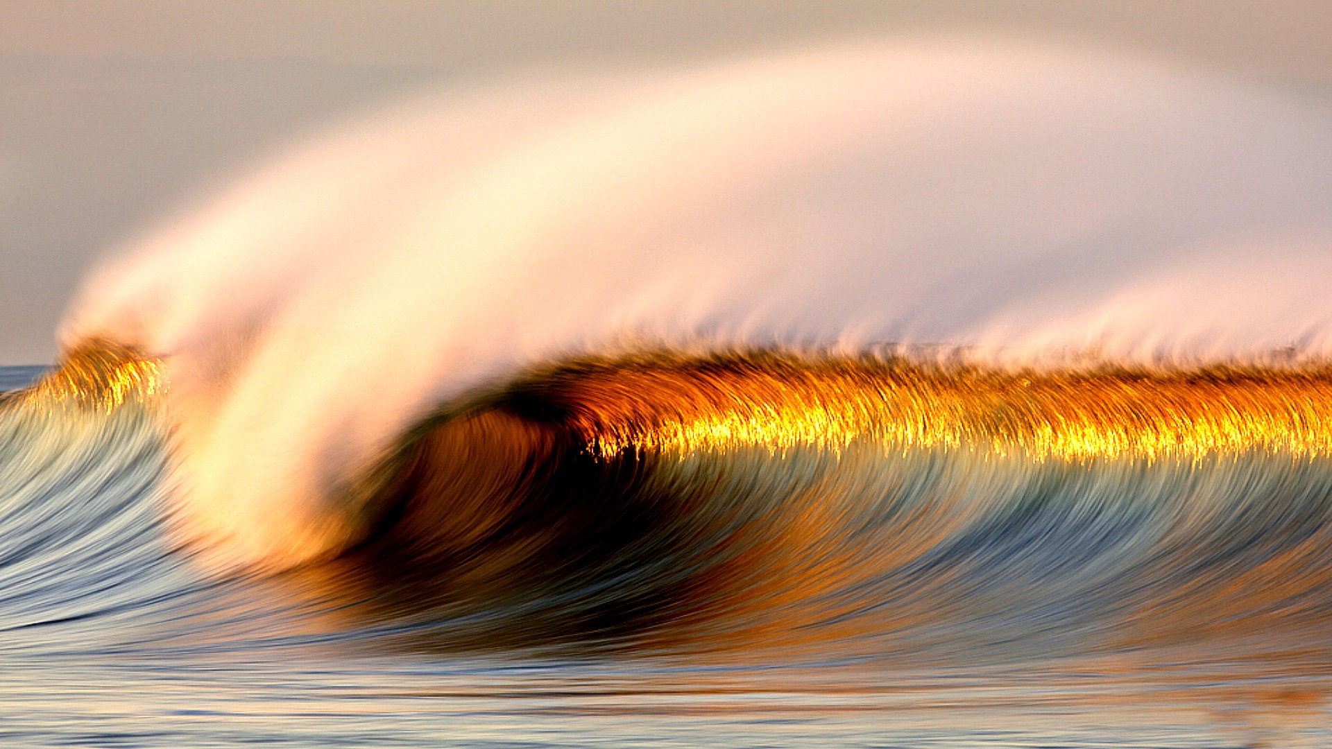 Golden wave cresting with spray at sunset HD Wallpaper