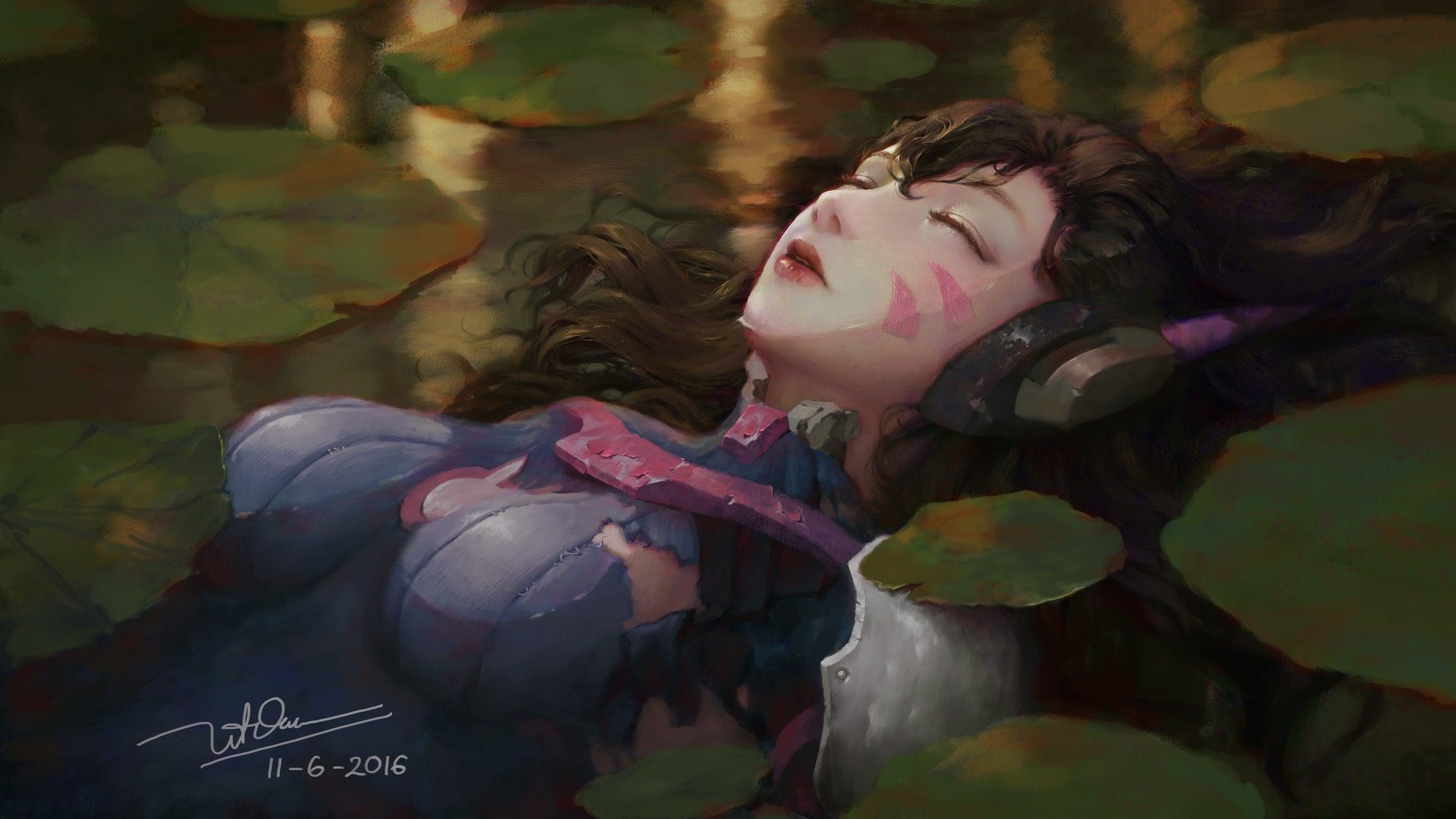D.Va from Overwatch floating among lily pads HD Wallpaper