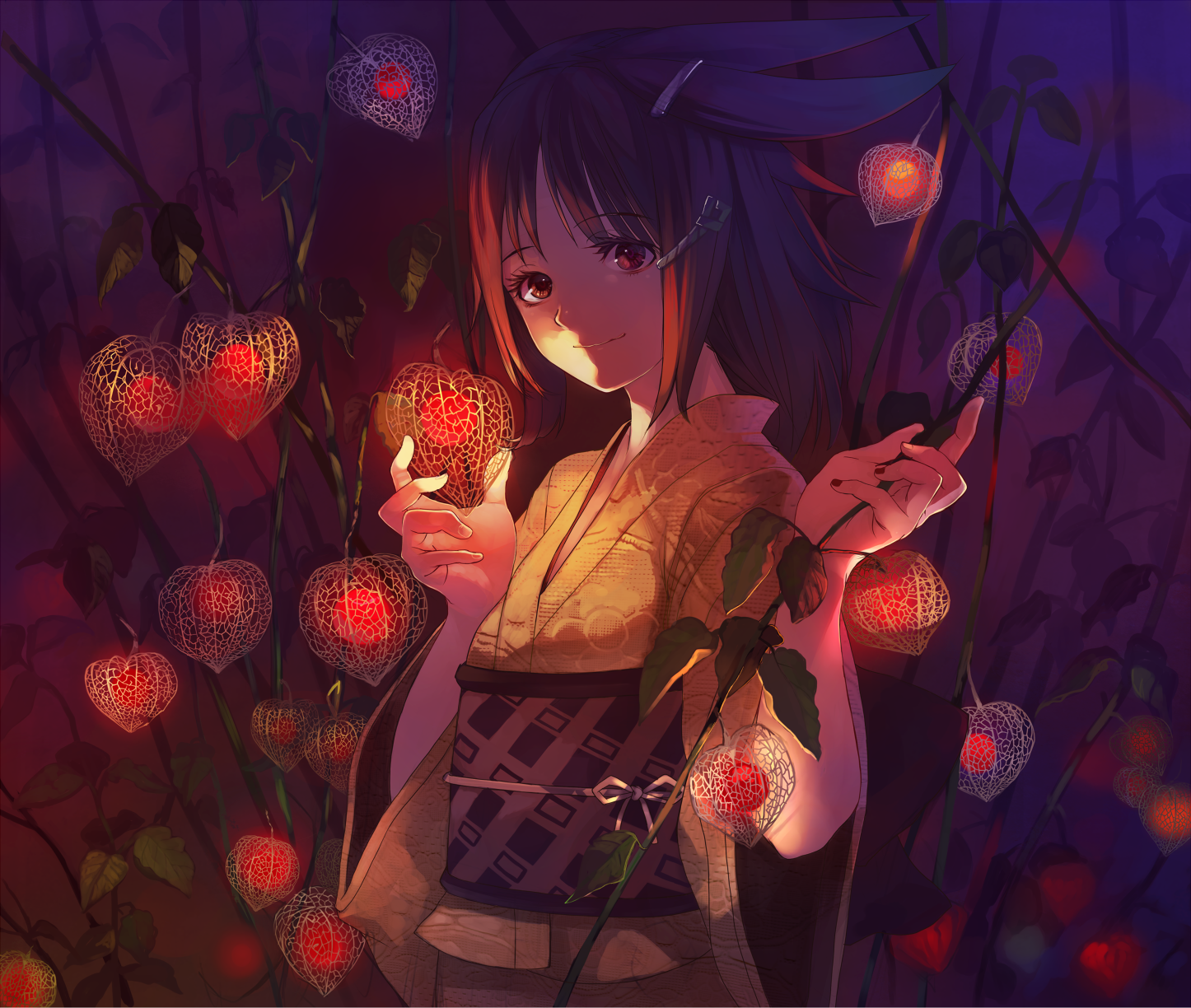 Anime girl in kimono with Chinese lanterns HD Wallpaper