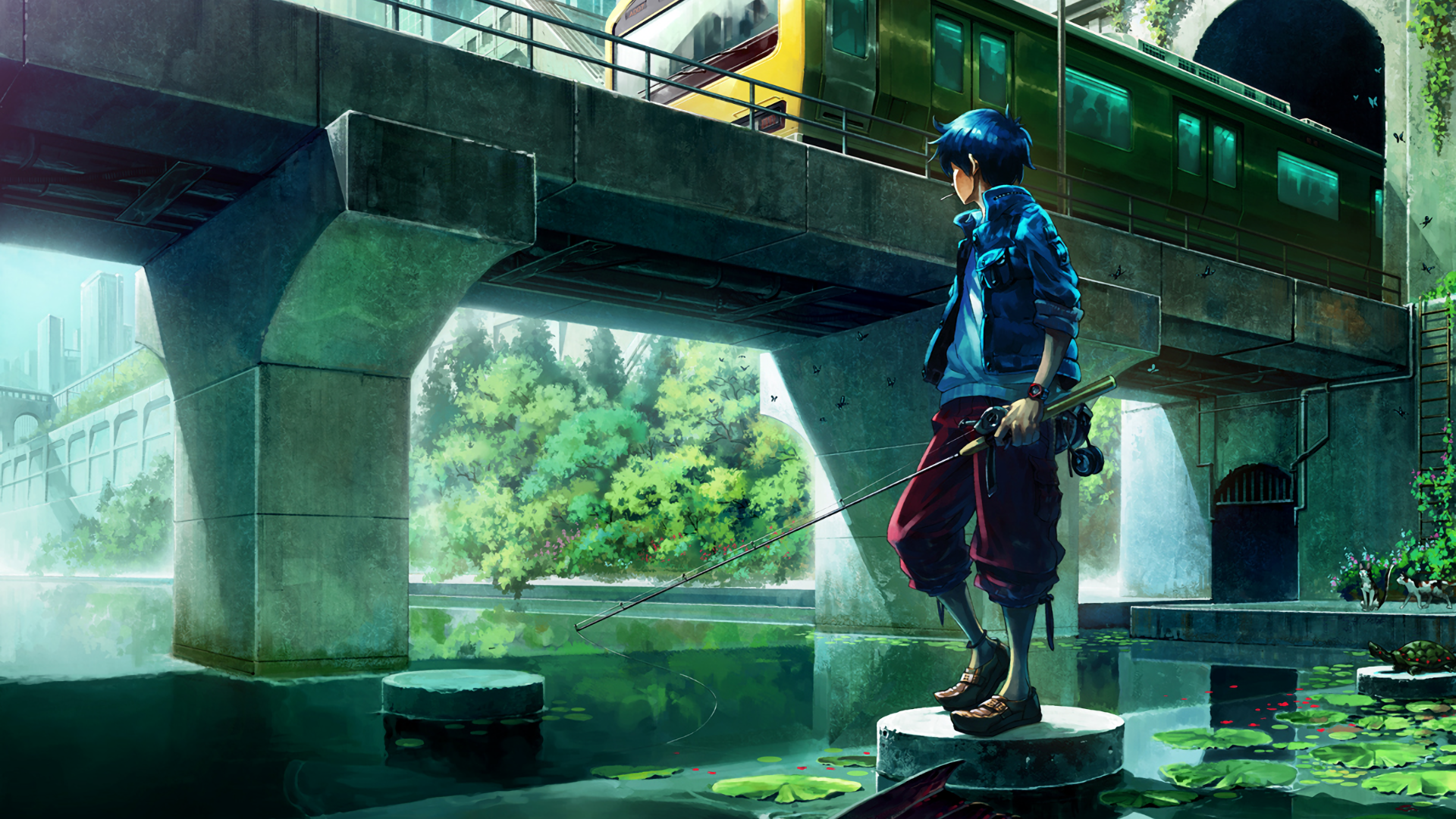 Anime boy fishing under a train bridge HD Wallpaper