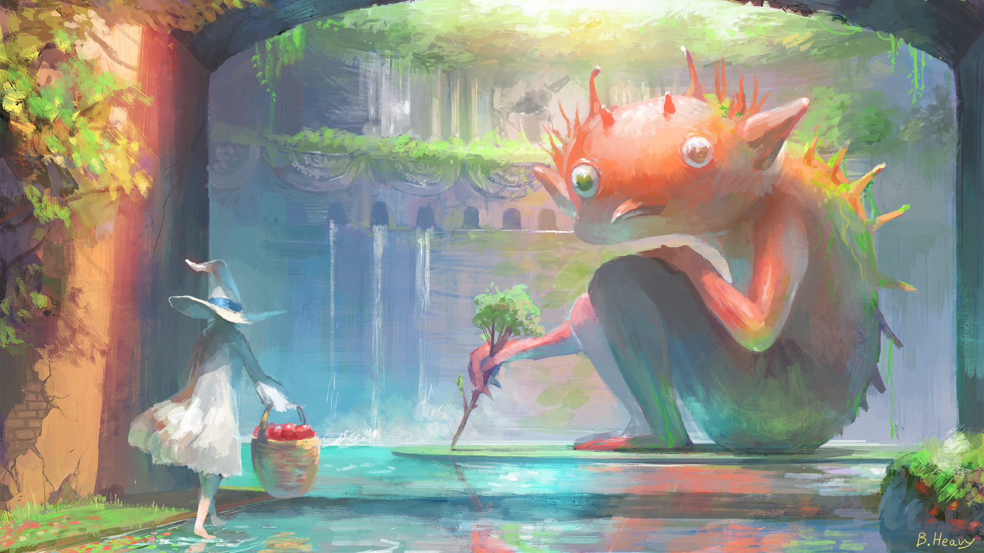 A witch and a creature in a magical garden HD Wallpaper
