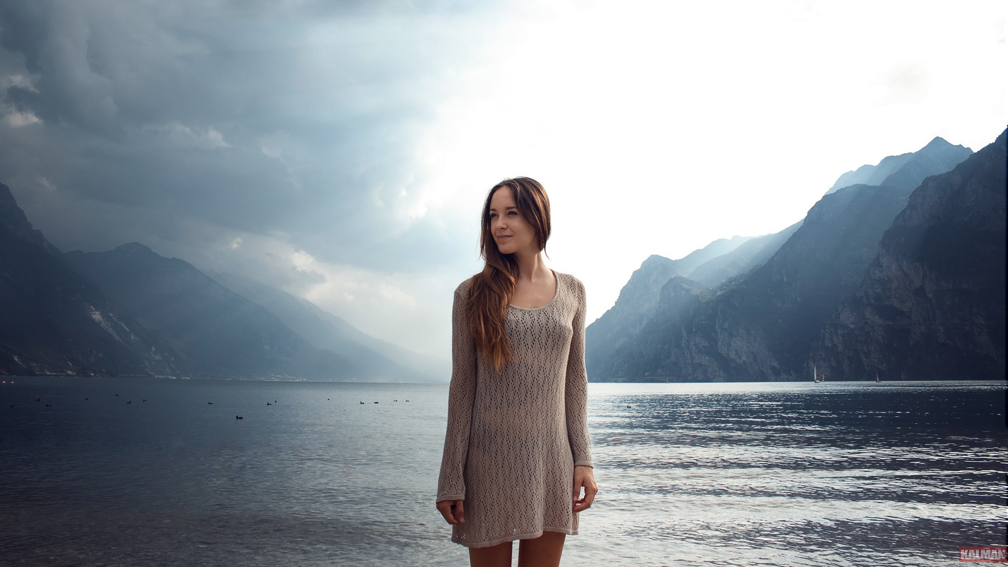 Victor Kalman photography of a woman by the lake HD Wallpaper