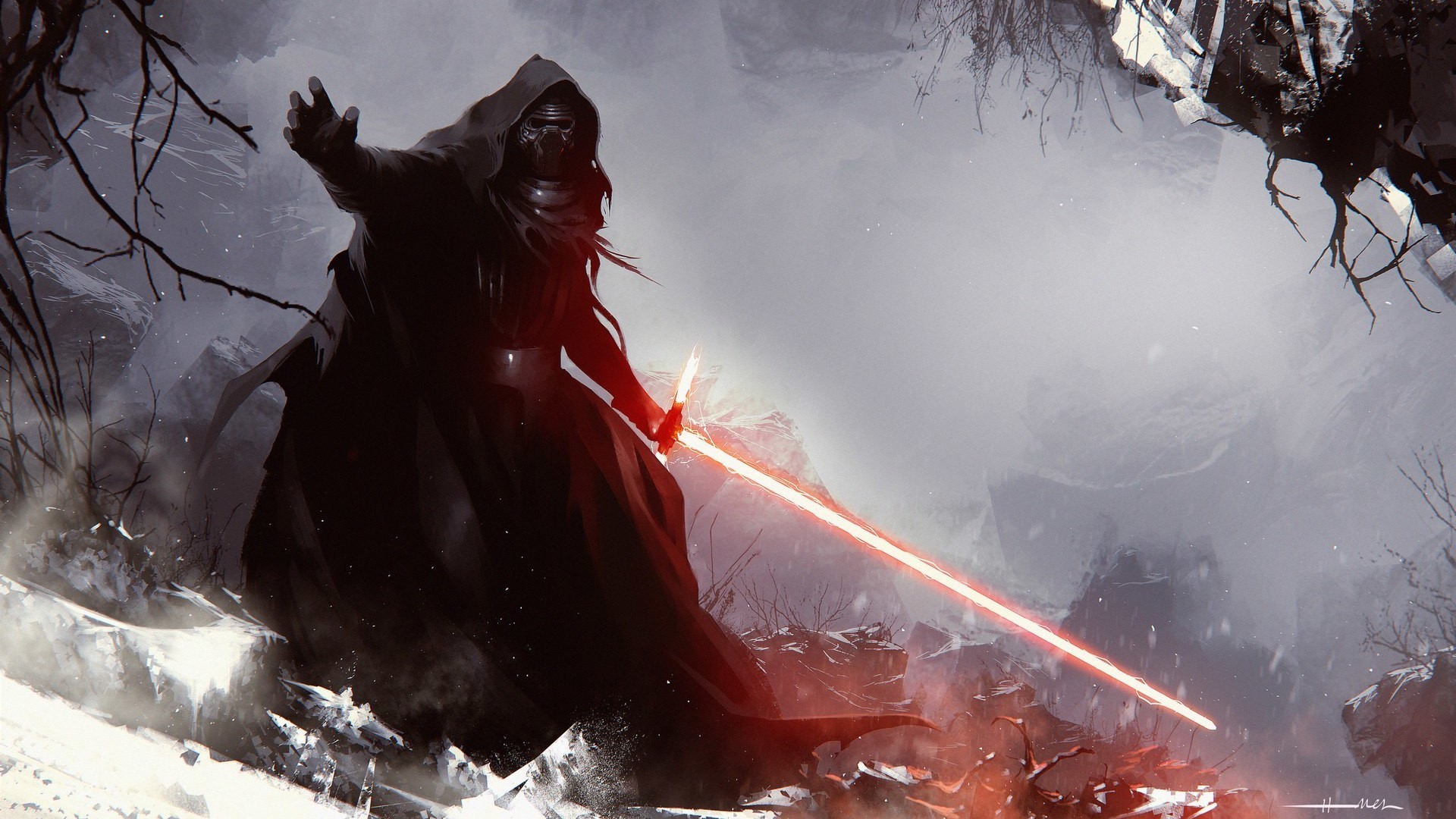 Kylo Ren with a red lightsaber in a snowy landscape HD Wallpaper