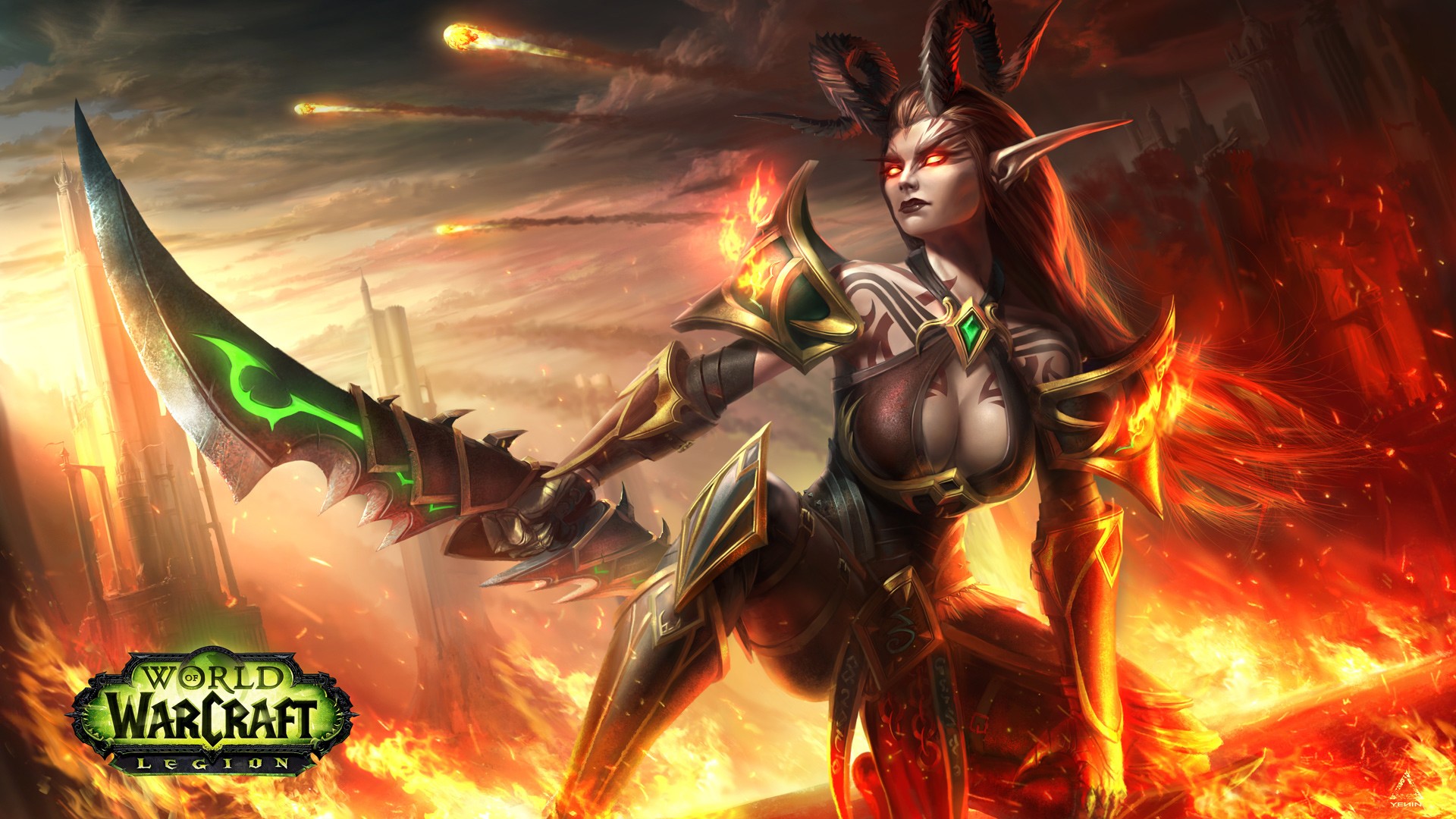 World of Warcraft: Legion Demon Hunter with Fiery Background HD Wallpaper